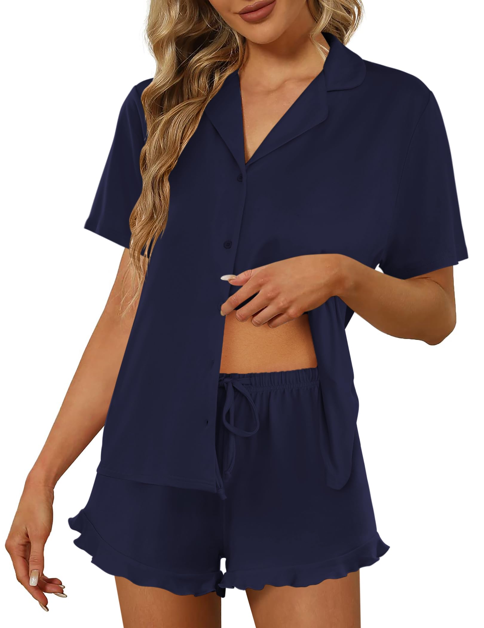 Ekouaer Pajamas Set for Women Short Sleeve Sleepwear Button Down Pjs Lounge Sets Soft Nightwear