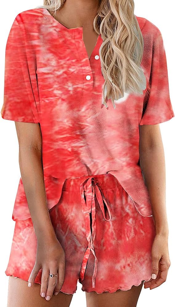 Ekouaer Pajamas Set for Women Short Sleeve Lounge Set 2 Piece Loungewear PJs Soft Cute Lightweight Sleepwear WEBE CLOTHING