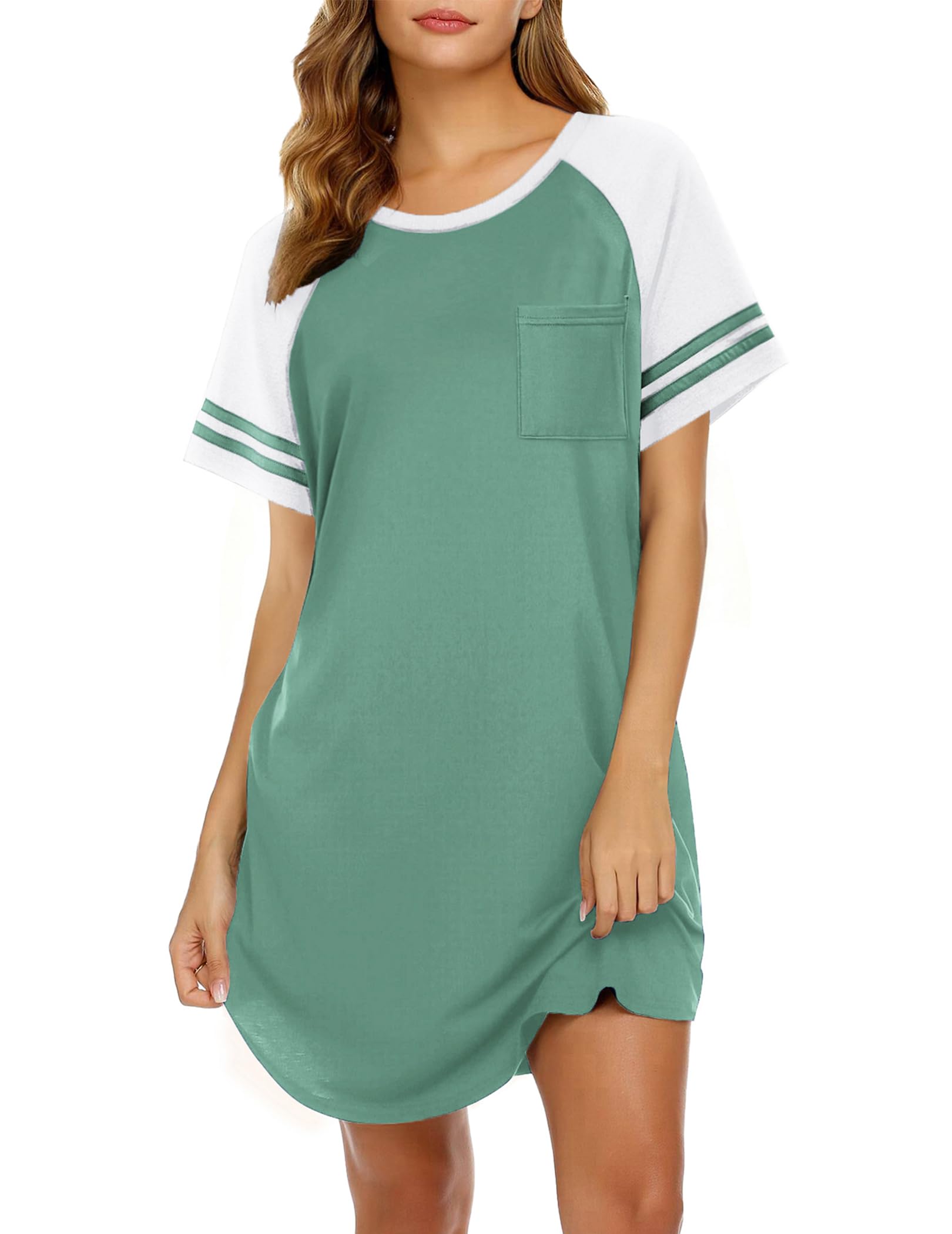 Ekouaer Nightgowns for Women Short Sleeve Sleepshirts Crew Neck Nightshirts Color Block Pajamas Dress Soft Sleepwear WEBE CLOTHING