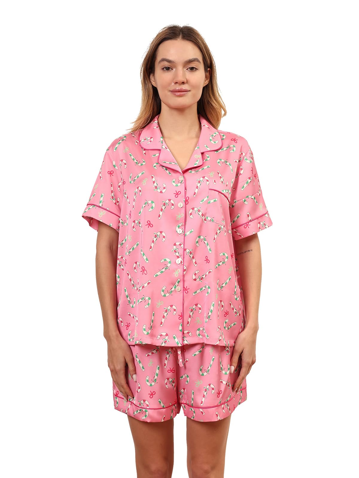 Christmas Pajamas Shorts Silk Pjs Women Satin Pajama Cute Print Tee and Shorts Gift Sleepwear 2 Pieces Loungewear