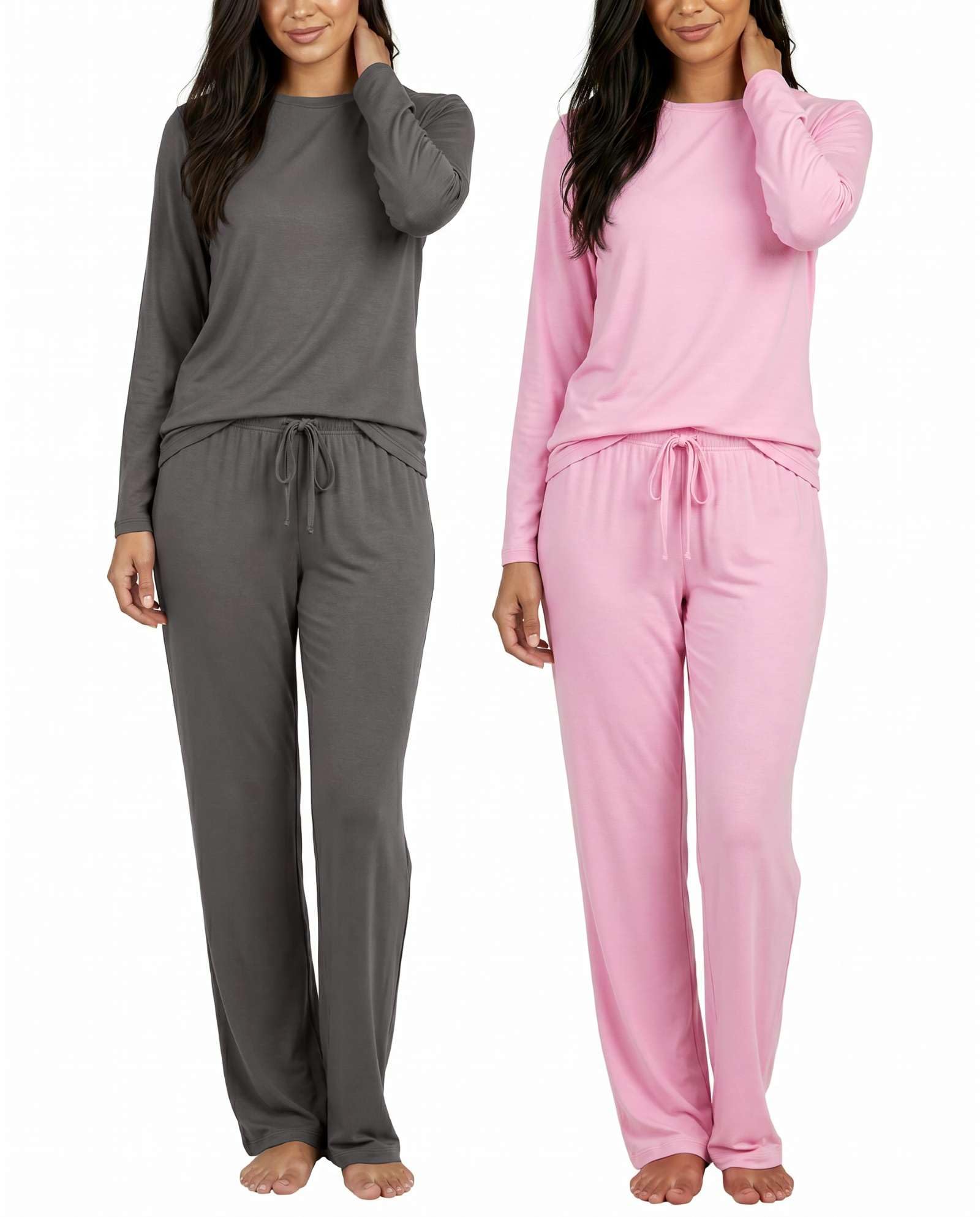 Real Essentials 2 Pack: Women's Long Sleeve Pajama Sets - Soft Comfy 2 Piece PJ Set Matching Ladies Sleepwear (Plus Size)