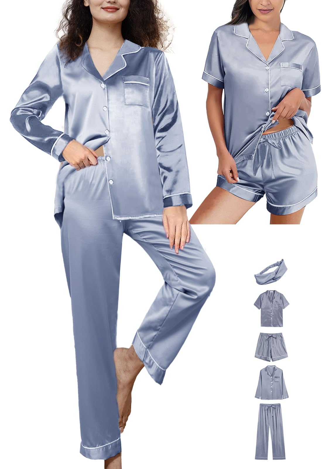 5Pcs Womens Satin Pajamas Set Silk Pajama Pjs XS-2XL Silky Pj Sets Button Down Sleepwear Nightwear Loungewear