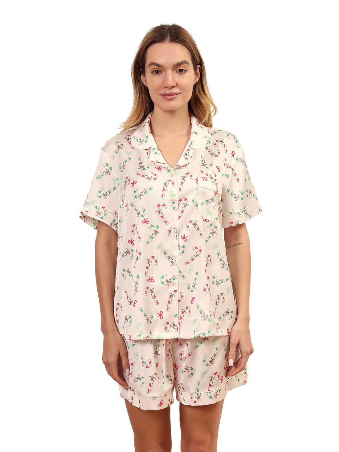 Christmas Pajamas Shorts Silk Pjs Women Satin Pajama Cute Print Tee and Shorts Gift Sleepwear 2 Pieces Loungewear