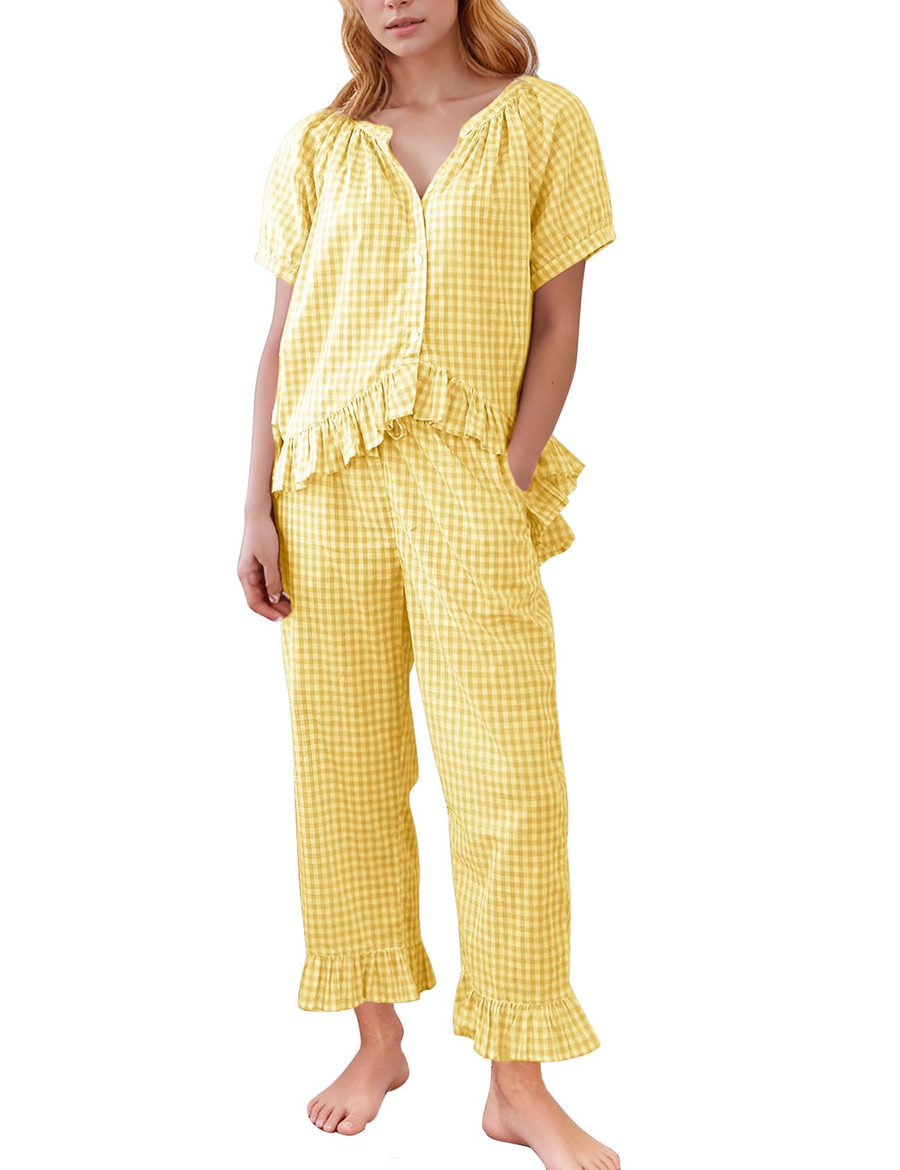 Flygo Womens Plaid 2 Piece Pajamas Sets Gingham Button Down Puff Sleeve Babydoll Shirt Ruffle Pants Y2K Pjs Lounge Set WEBE CLOTHING