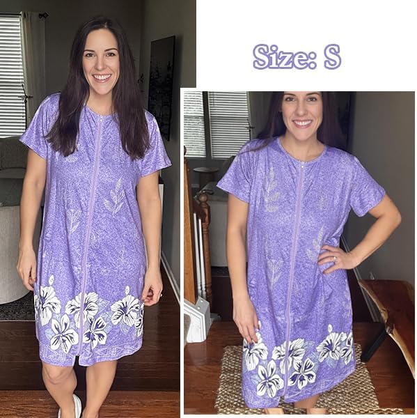 Ekouaer Women Robes Lightweight House Coat Short Sleeve Floral Print Mumu House Dresses with Pockets Zipper Nightgowns