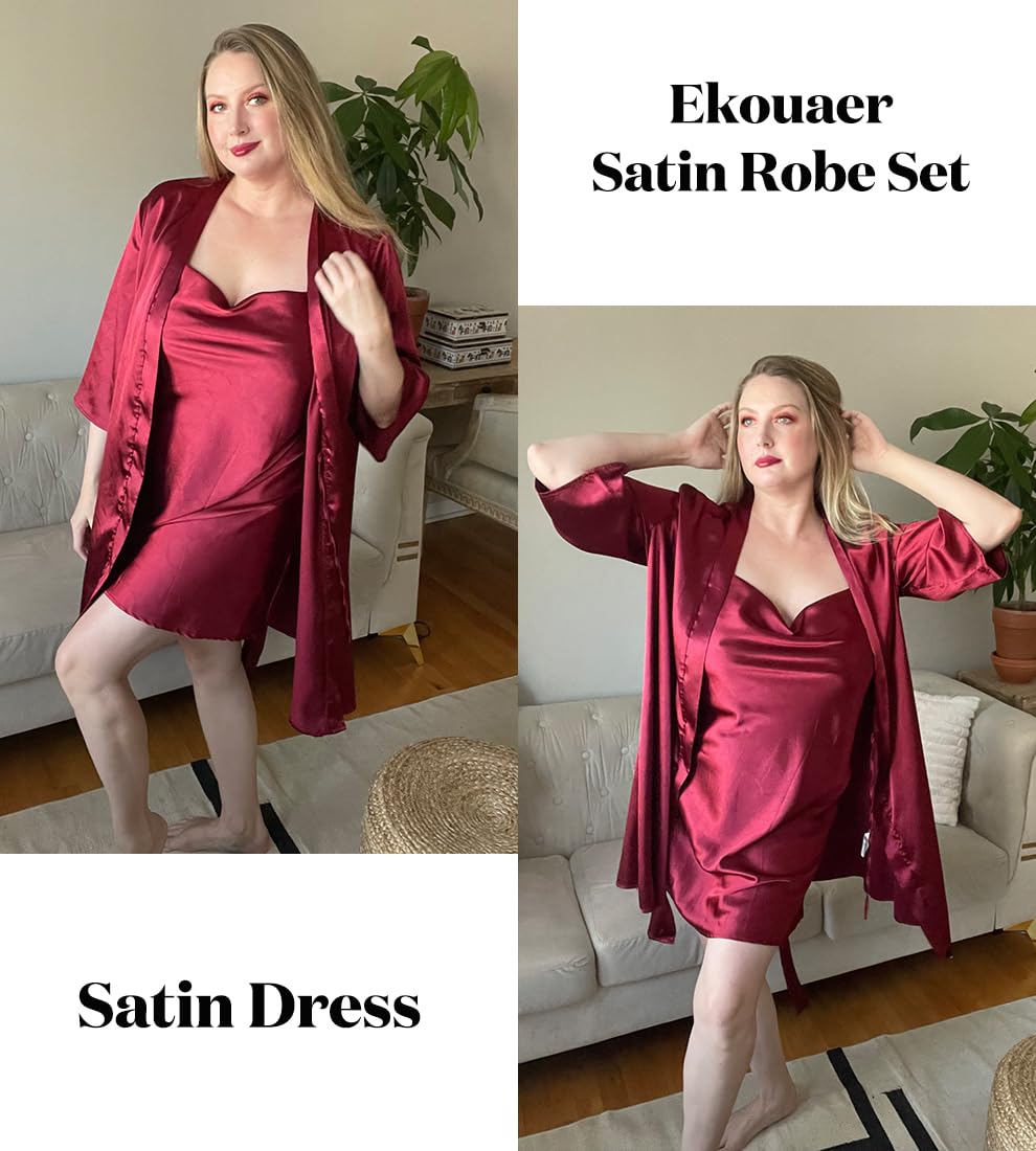 Ekouaer Women's Satin Robe Set Nightgown with Robes Silk Pajama Set 2 Pieces Lingerie Cowl Neck Cami Sleepwear Sets WEBE CLOTHING