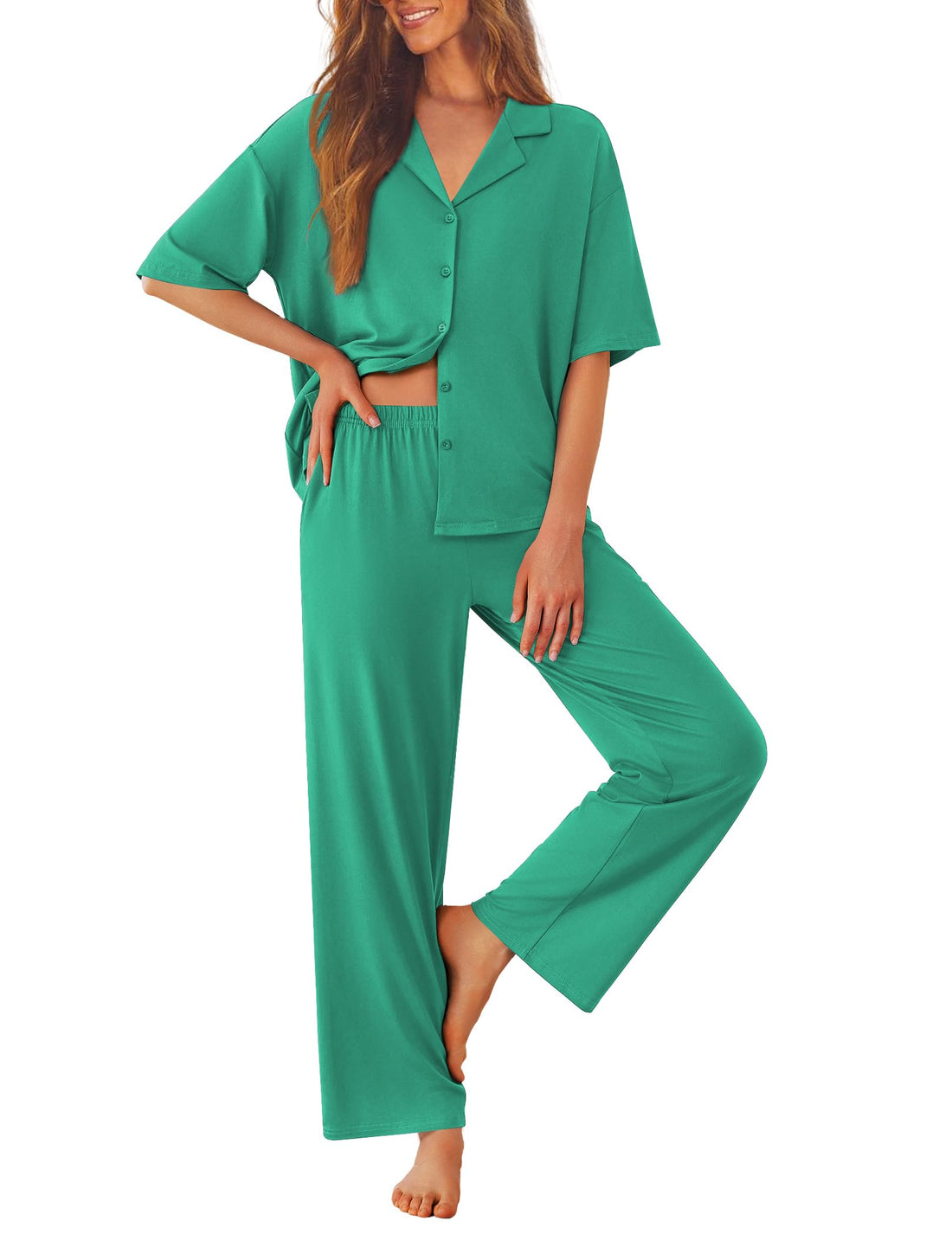 Ekouaer Women Pajamas Set Button Down Sleepwear Short Sleeve Pjs Soft Comfy Nightwear with Long Pants S-XXL