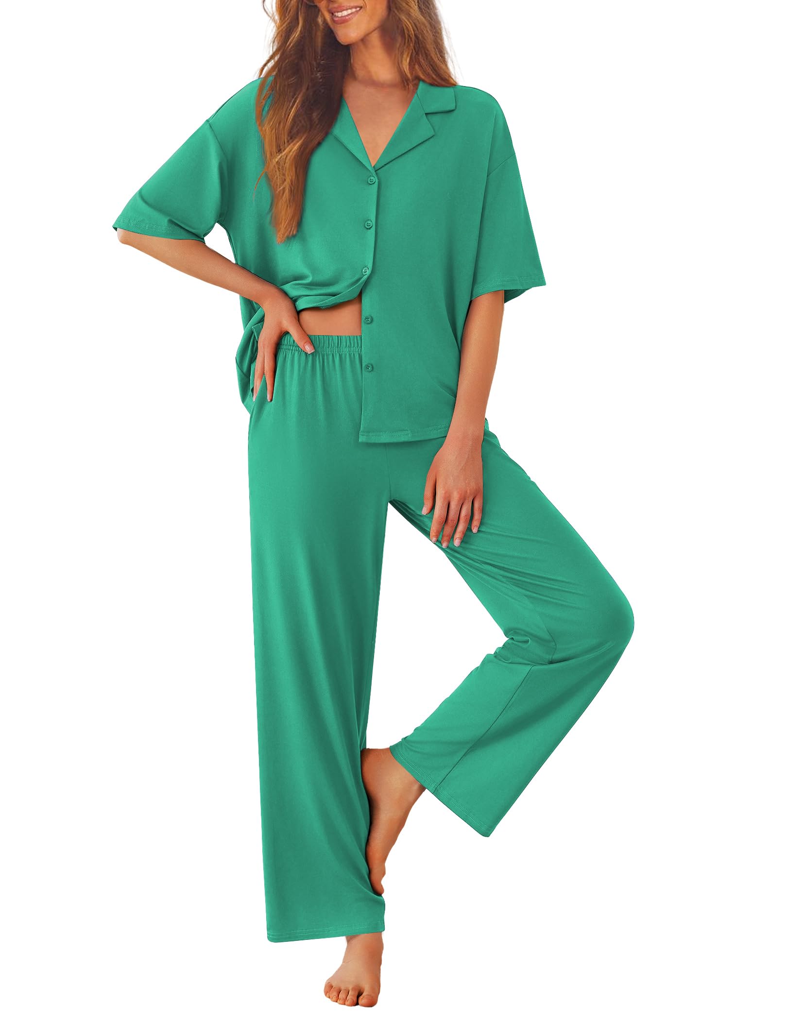 Ekouaer Women Pajamas Set Button Down Sleepwear Short Sleeve Pjs Soft Comfy Nightwear with Long Pants S-XXL