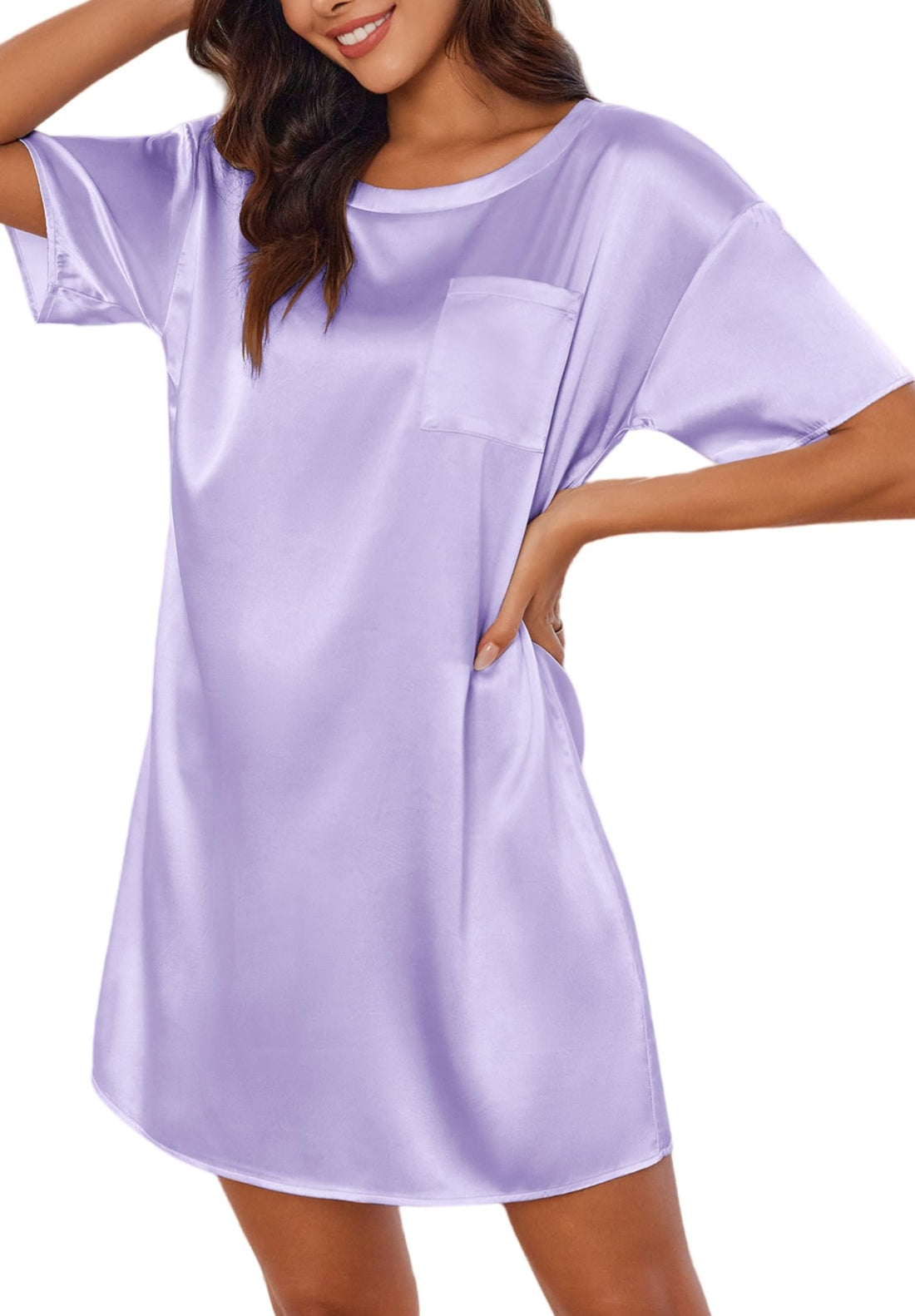 Ekouaer Silk Sleep Shirts for Women Satin Nightshirt Tshirt Nightgown Short Sleeve Round Neck Sleepwear with Pocket S-2XL