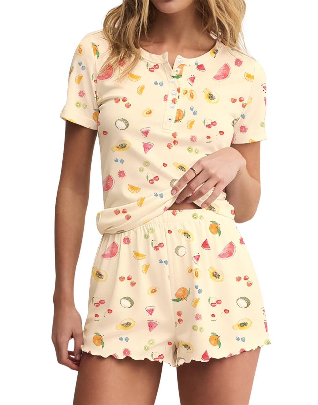 Lacozy Cute Pajama Sets for Women 2 Piece Short Sleeve Floral Print Button Shirt and Short Pj Sets Woman Y2K Sleepwear