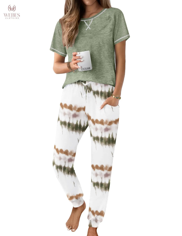Ekouaer Pajamas for Women Set Short Sleeve PJ Set 2 Piece Jogger Pants | Soft Women Pajama Sets with Cozy Sleepwear Lounge Set Style Featuring Pockets Raglan Short Sleeve Top and Jogger Pants WEBE CLOTHING