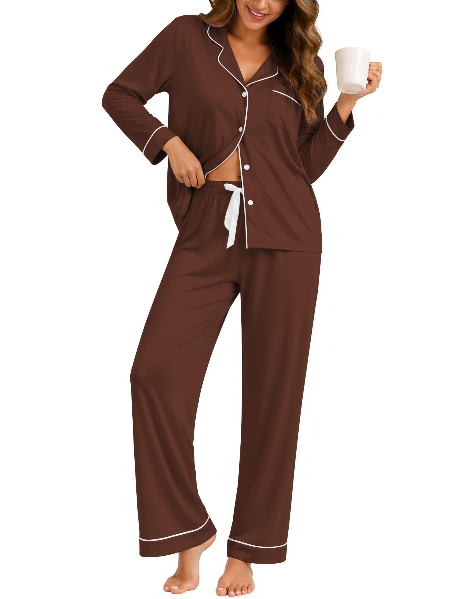 ZMJ Womens Pajamas Sets 2 Piece Long Sleeve and Pant Pj Sets Button Up Sleepwear