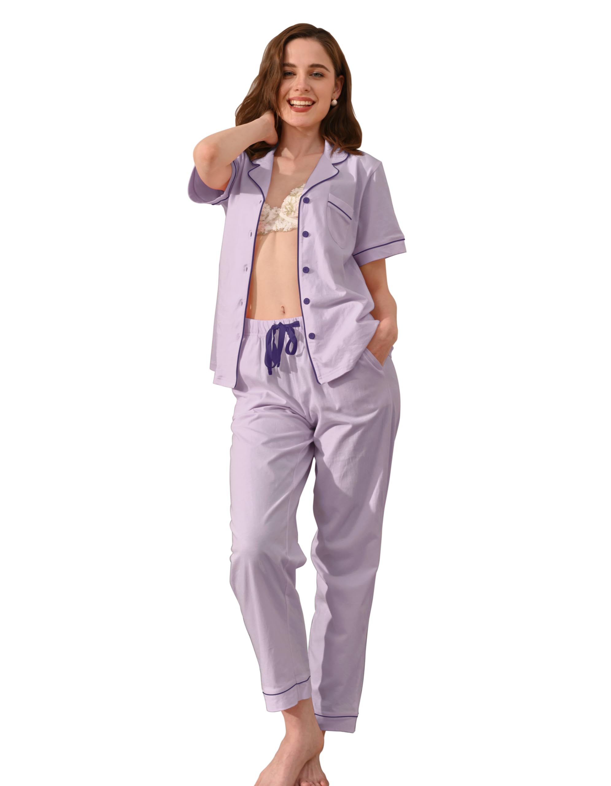 NAP BOUND 100% Cotton Pajamas for Women Sets 2 Pieces Pjs Button short sleeves with Pockets Soft Sleepwear Loungewear XS-XXL