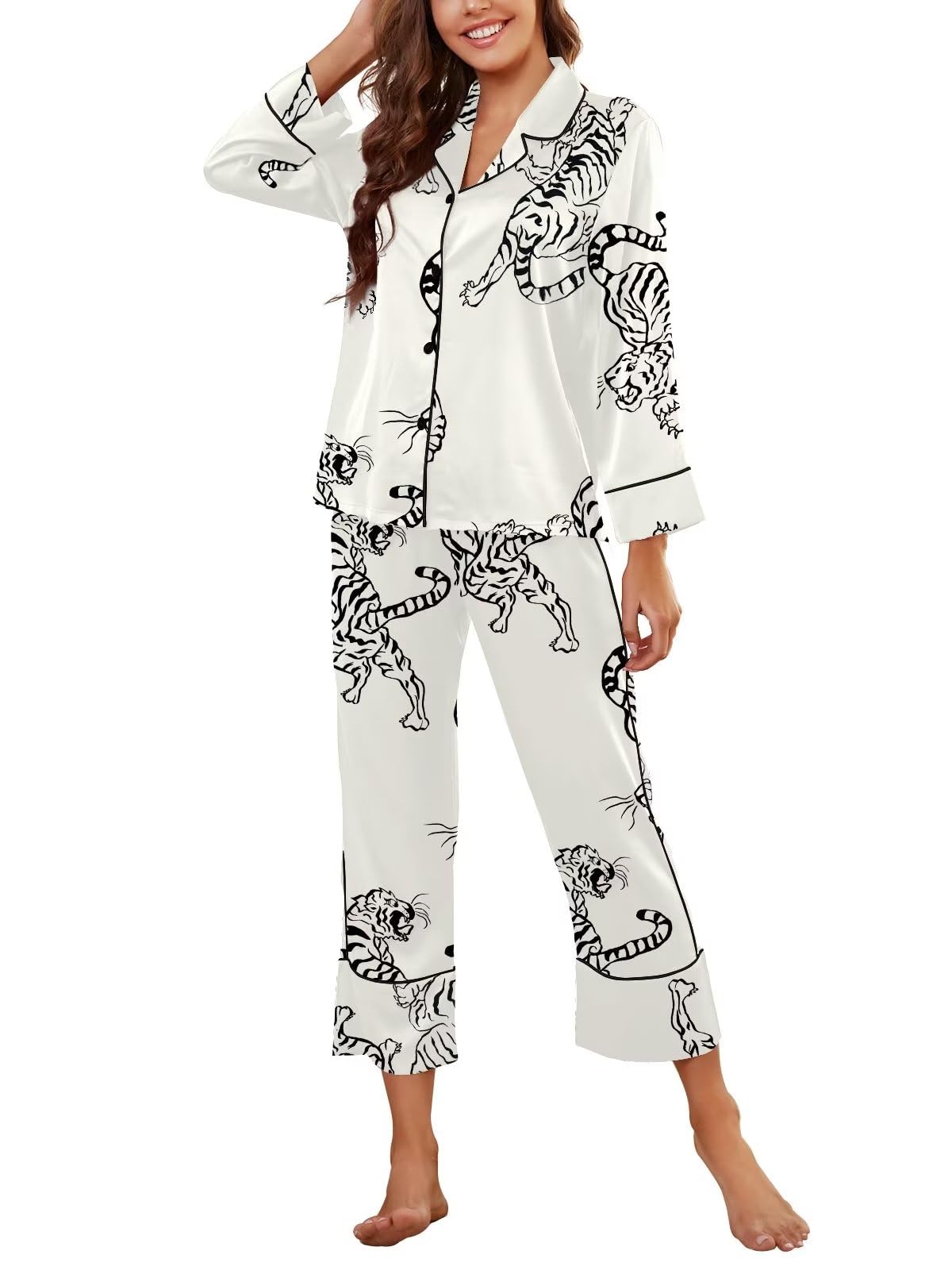 Brosloth Women's Silk Satin Pajamas Long Sleeve Button Up Loungewear Set | Button Down Animal Print Pajamas, Ladies Fancy Pajama sets, Two Piece Lounge Set, Notch Collar Lightweight Sleepwear, Gift WEBE CLOTHING