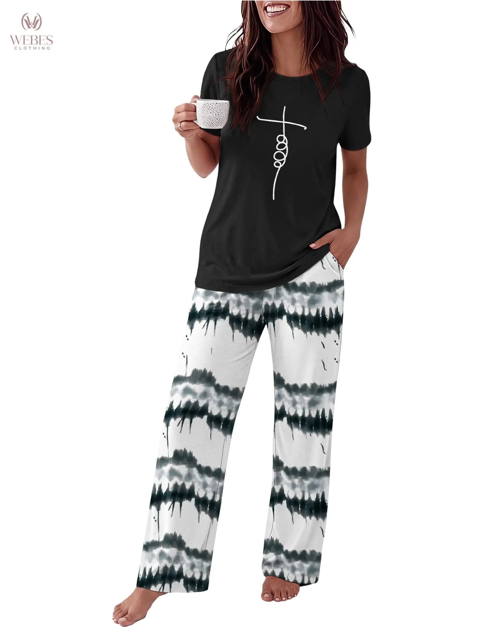 Ekouaer Pajama Set for Women 2 Piece Pjs Short Sleeve Top and Printed Pants | Womens Round Neck Lounge Sets Short Sleeve Sleepwear with Loose Pants for Daily Wear, Home Lounging, Casual Errands WEBE CLOTHING