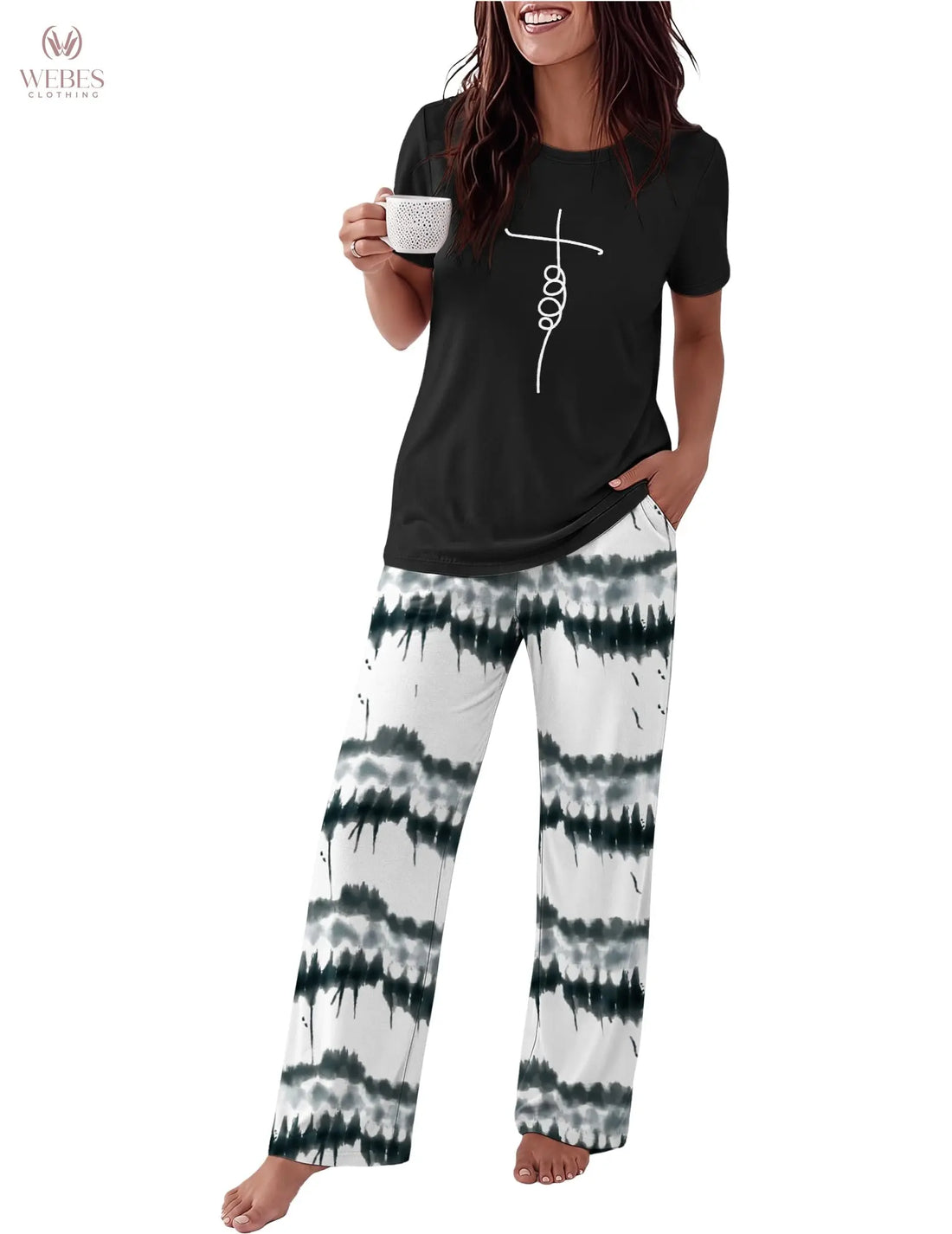 Ekouaer Pajama Set for Women 2 Piece Pjs Short Sleeve Top and Printed Pants | Womens Round Neck Lounge Sets Short Sleeve Sleepwear with Loose Pants for Daily Wear, Home Lounging, Casual Errands WEBE CLOTHING