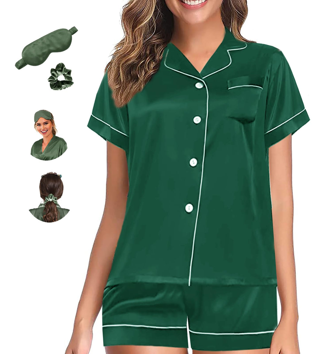 WJing Yi Jia Womens Pajama Sets XS-4XL Silk Satin Pajamas Set Floral 2Pcs Pj Sets Button Down Pjs Set Sleepwear Loungewear