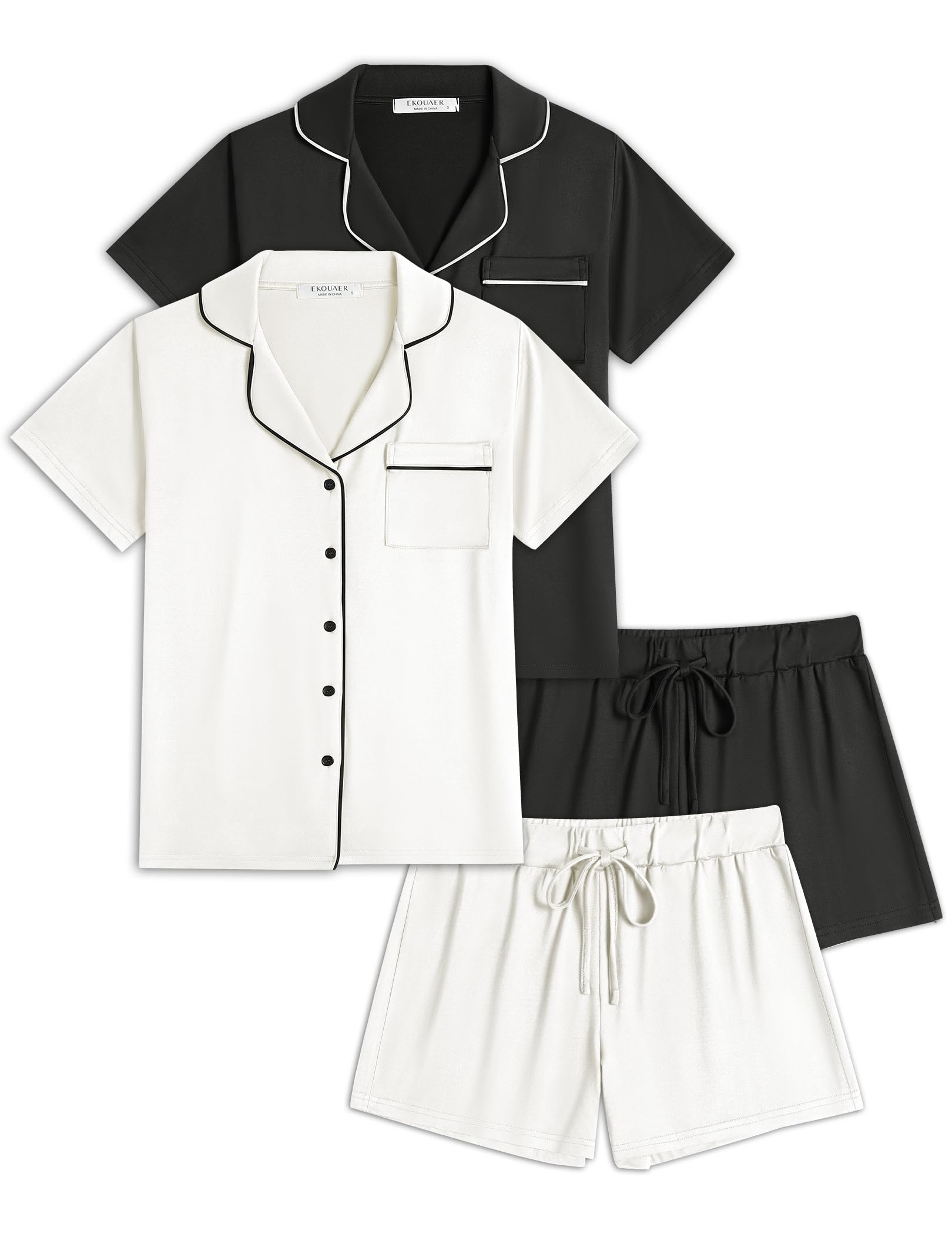 Ekouaer Womens Pajamas Set 2 Pack Button Down Summer Sleepwear Short Sleeve Comfy Pjs Loungewear Set