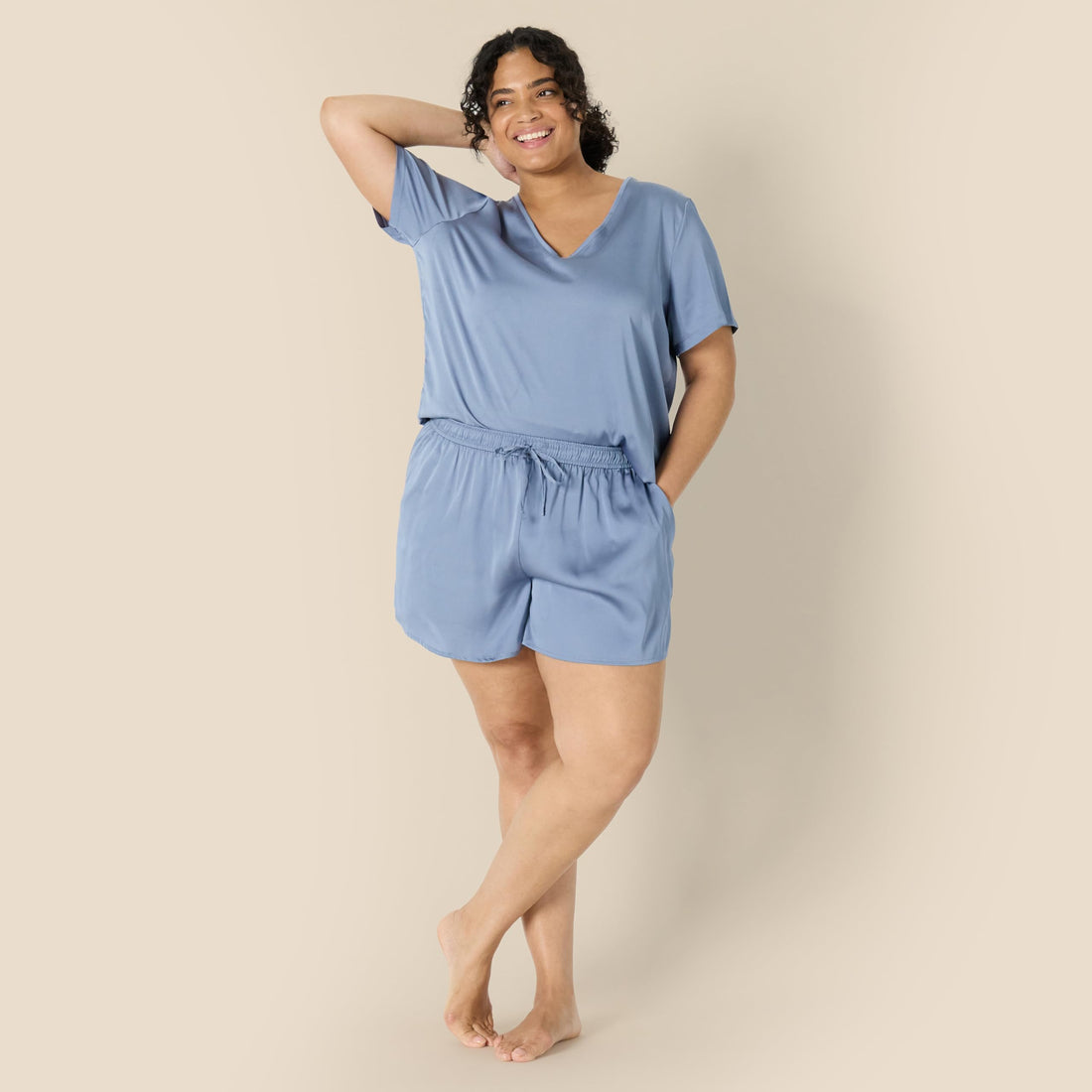Amazon Essentials Women's Relaxed Fit Satin Short Sleeve V-Neck T-Shirt and Short Sleepwear Set