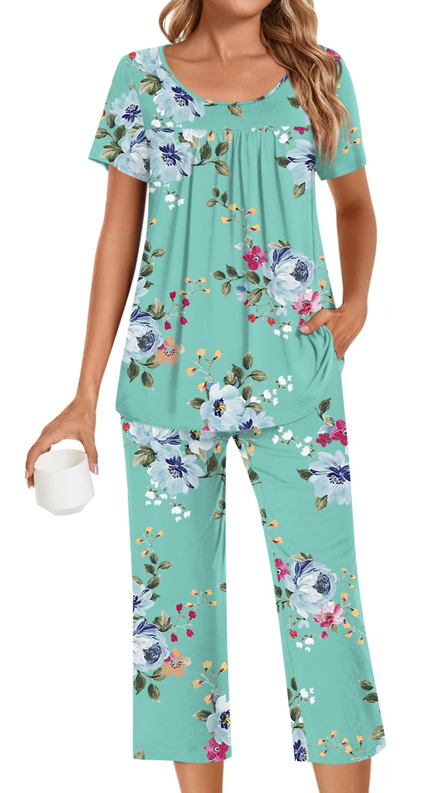 POPYOUNG Womens Pajama Sets Summer Ladies Pjs 2 Piece Loungewear Capri with Pockets Sleepwear