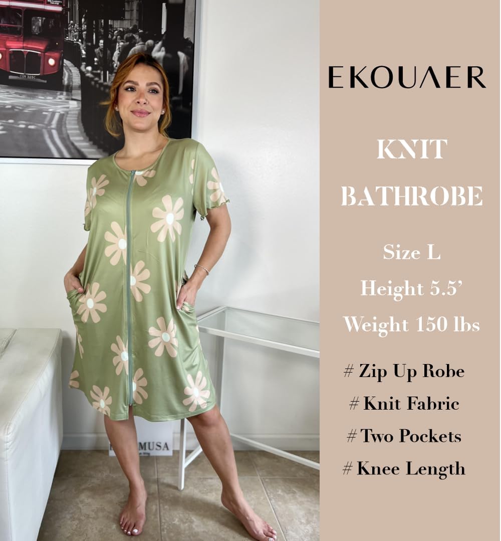 Ekouaer Womens' Zipper Robe Short Sleeve Bathrobes Summer Sleepwear Soft Housecoat with Pockets Zip Up House Robes S-3XL