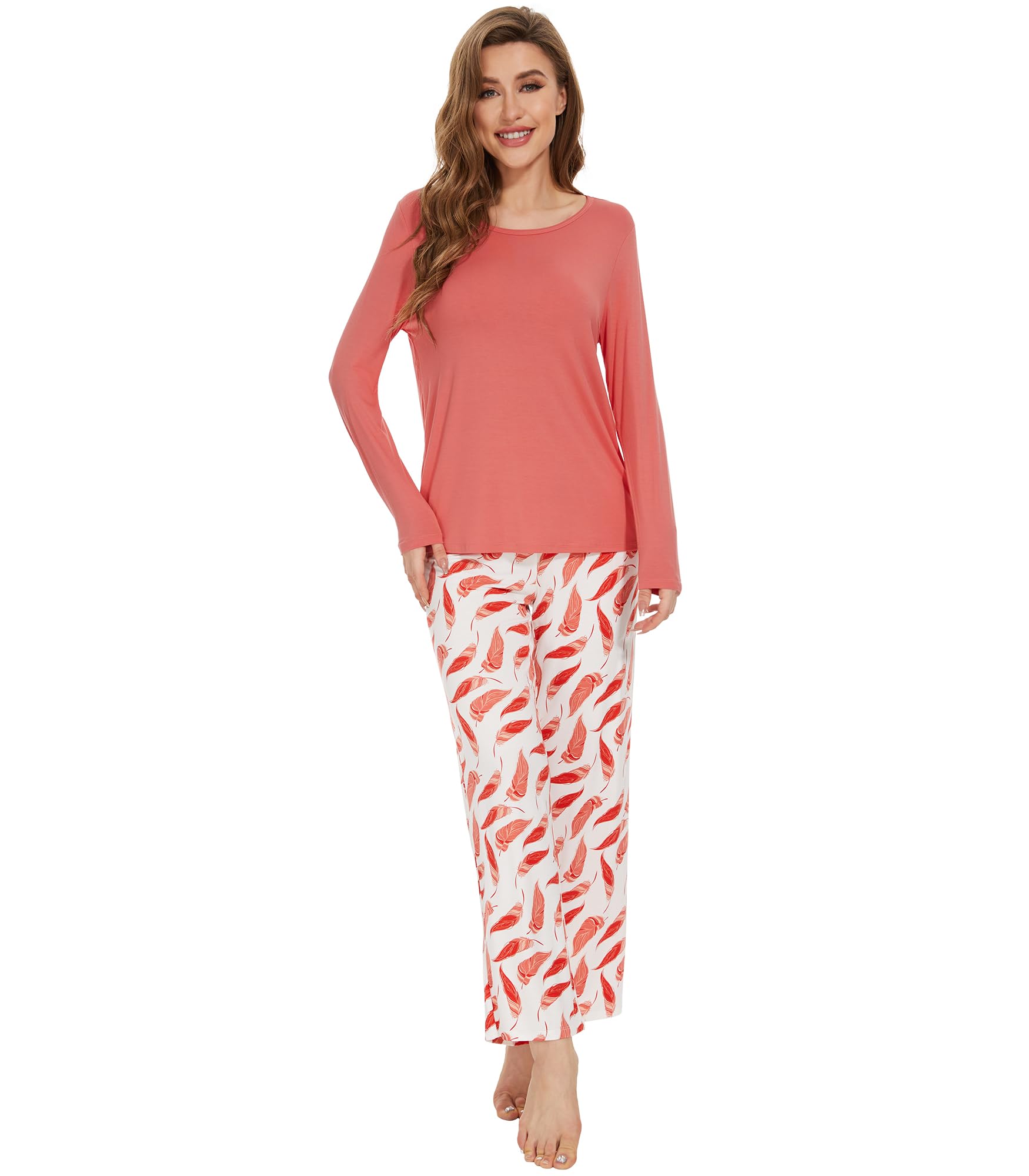 WiWi Bamboo Viscose Pajama Set for Women Super Soft Long Sleeve Top with Pants Loungewear Cooling 2 Piece Pjs Sets S-XXL