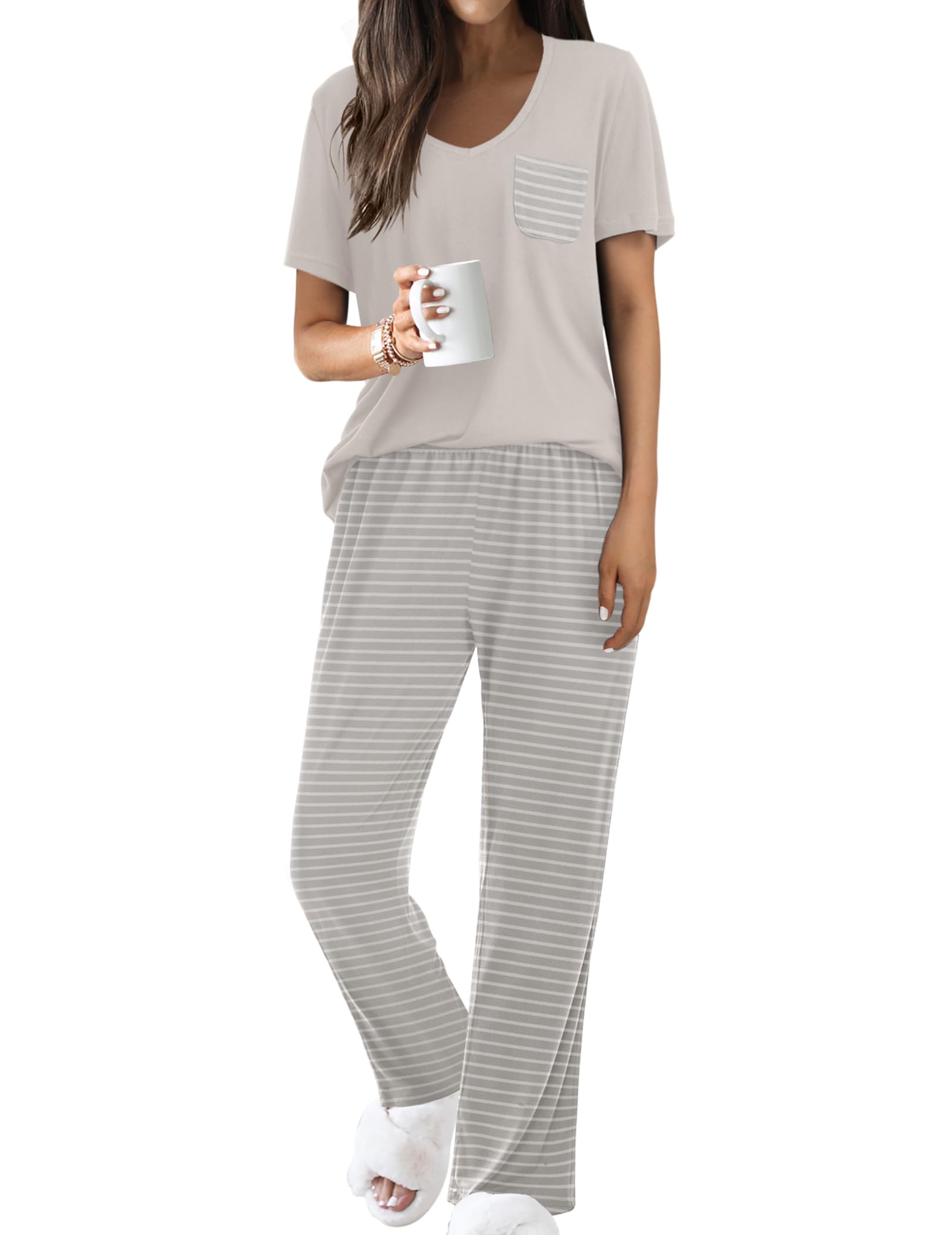 Ekouaer Pajama Sets for Women Short Sleeve Pj Set V Neck Sleepwear Chest Pocket with Long Pants Casual Loose Loungewear WEBE CLOTHING