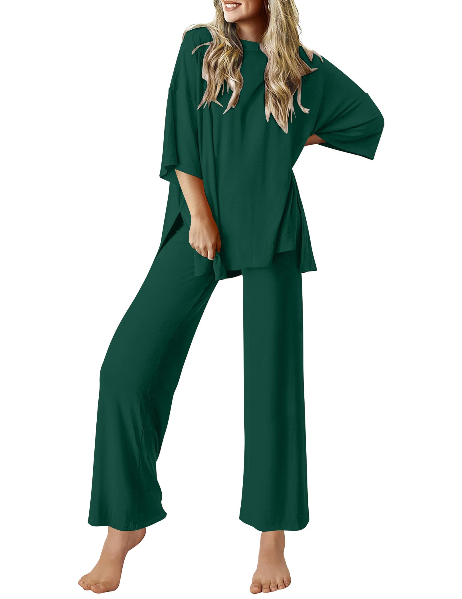 Ekouaer Lounge Sets for Women Short Sleeve Tops and Long Pants Soft Comfy Pajamas Set 2 Piece Outfits