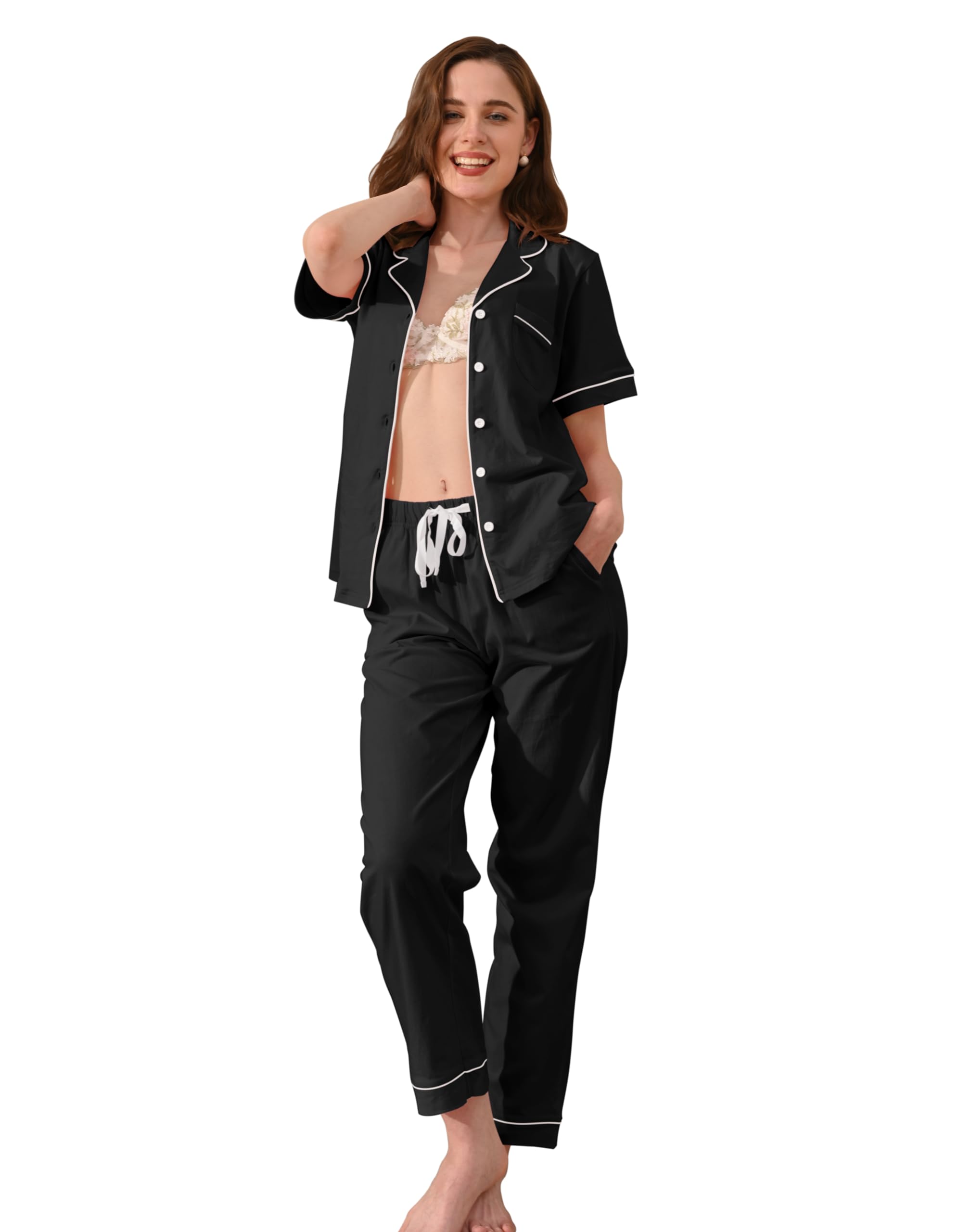NAP BOUND 100% Cotton Pajamas for Women Sets 2 Pieces Pjs Button short sleeves with Pockets Soft Sleepwear Loungewear XS-XXL