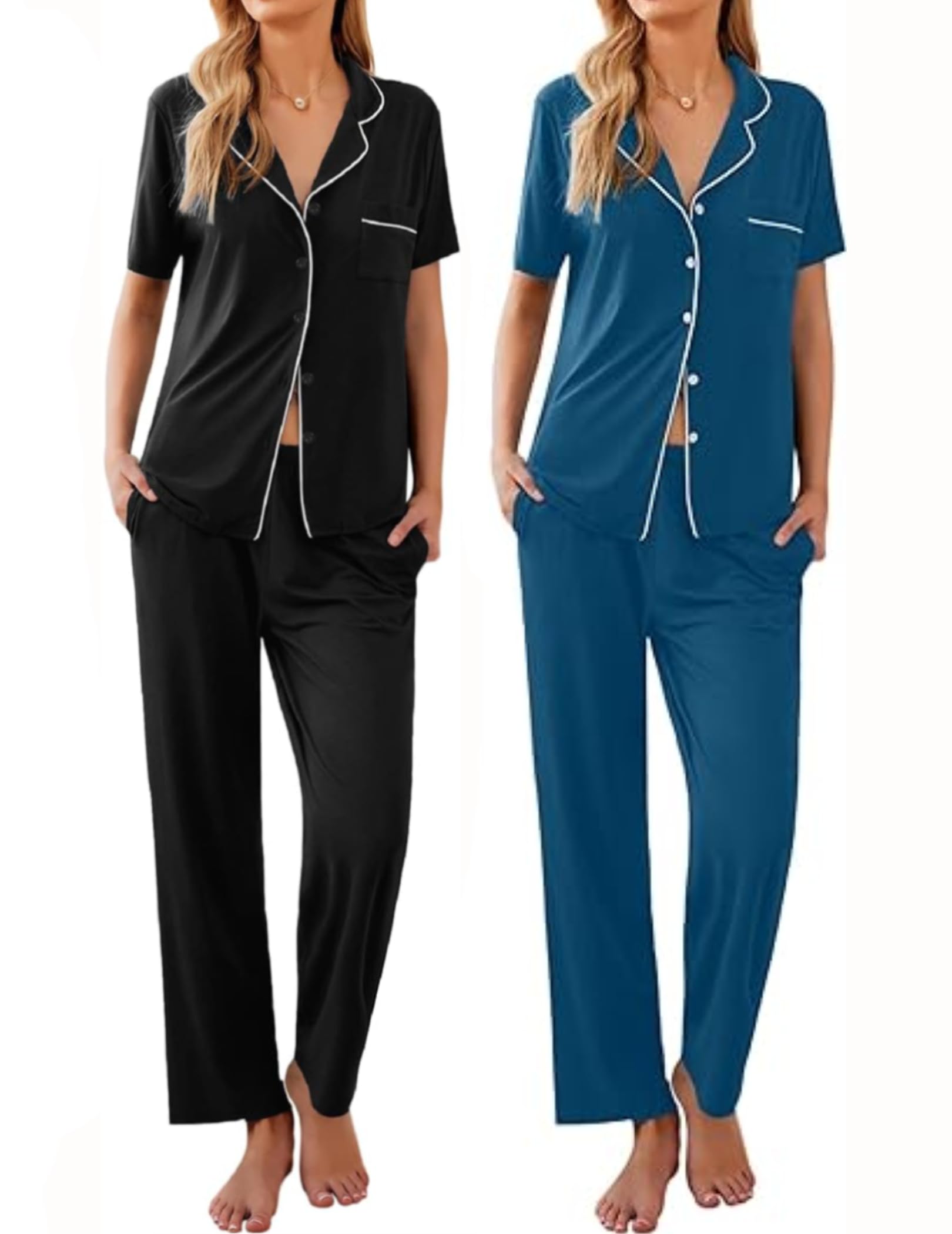 Ekouaer 2 Pack：Womens Pajamas Short Sleeve Pjs Notch Collar Button Up Loungewear Cozy Sleepwear Sets WEBE CLOTHING