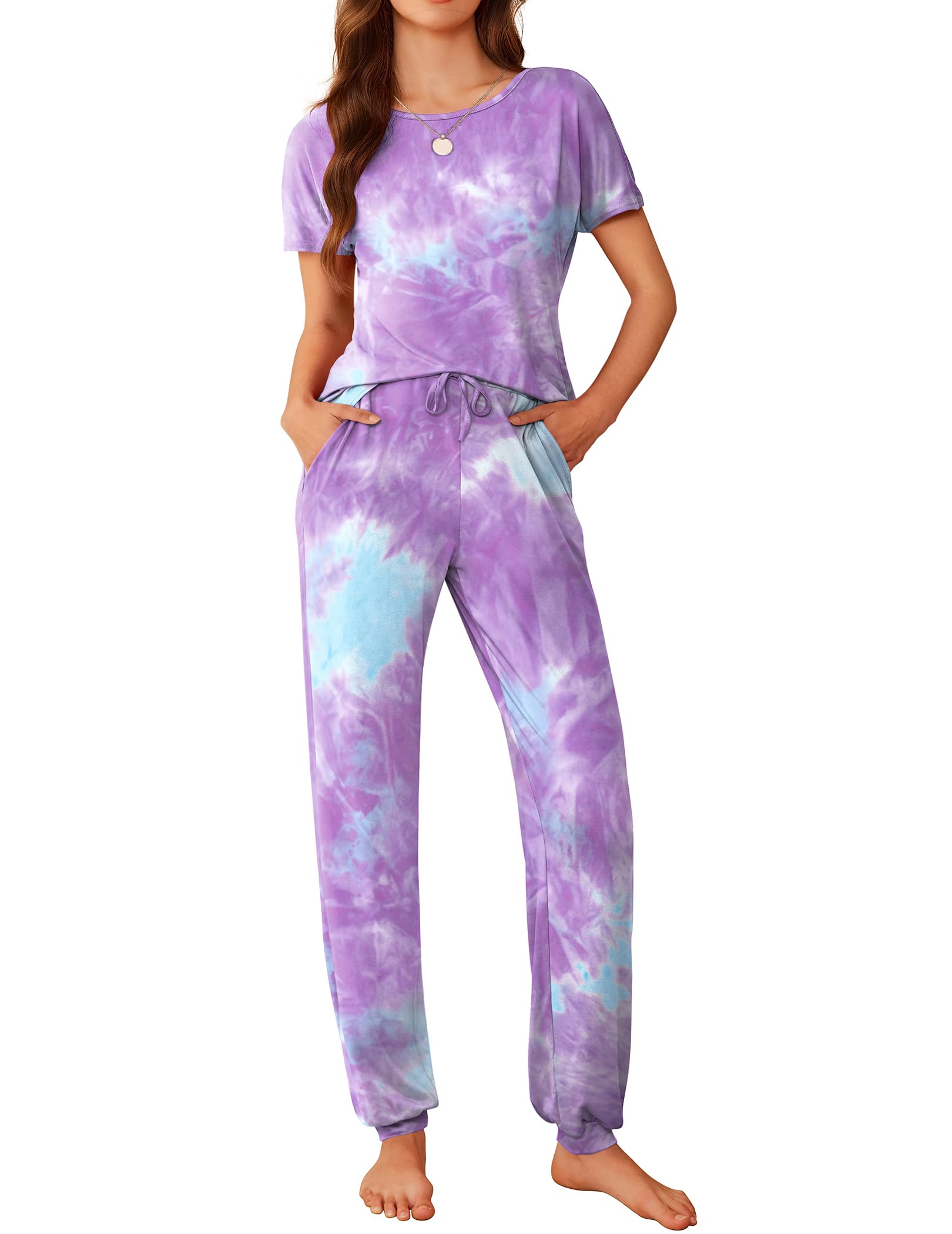 Ekouaer Womens Pajama Sets Short Sleeve Lounge Sets for Women Printed Jogger Pajama Set 2 Piece Pj Sets With Pockets S-XXL WEBE CLOTHING