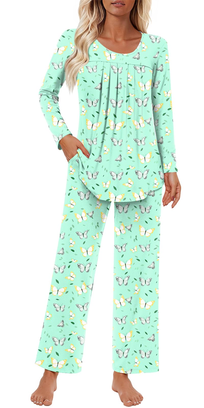 Findsweet Women's Pajama Set 2 Piece Lounge Outfits Soft Sleepwear Fall Long Sleeve Long Pant With Pockets Ladies Pjs S-3XL