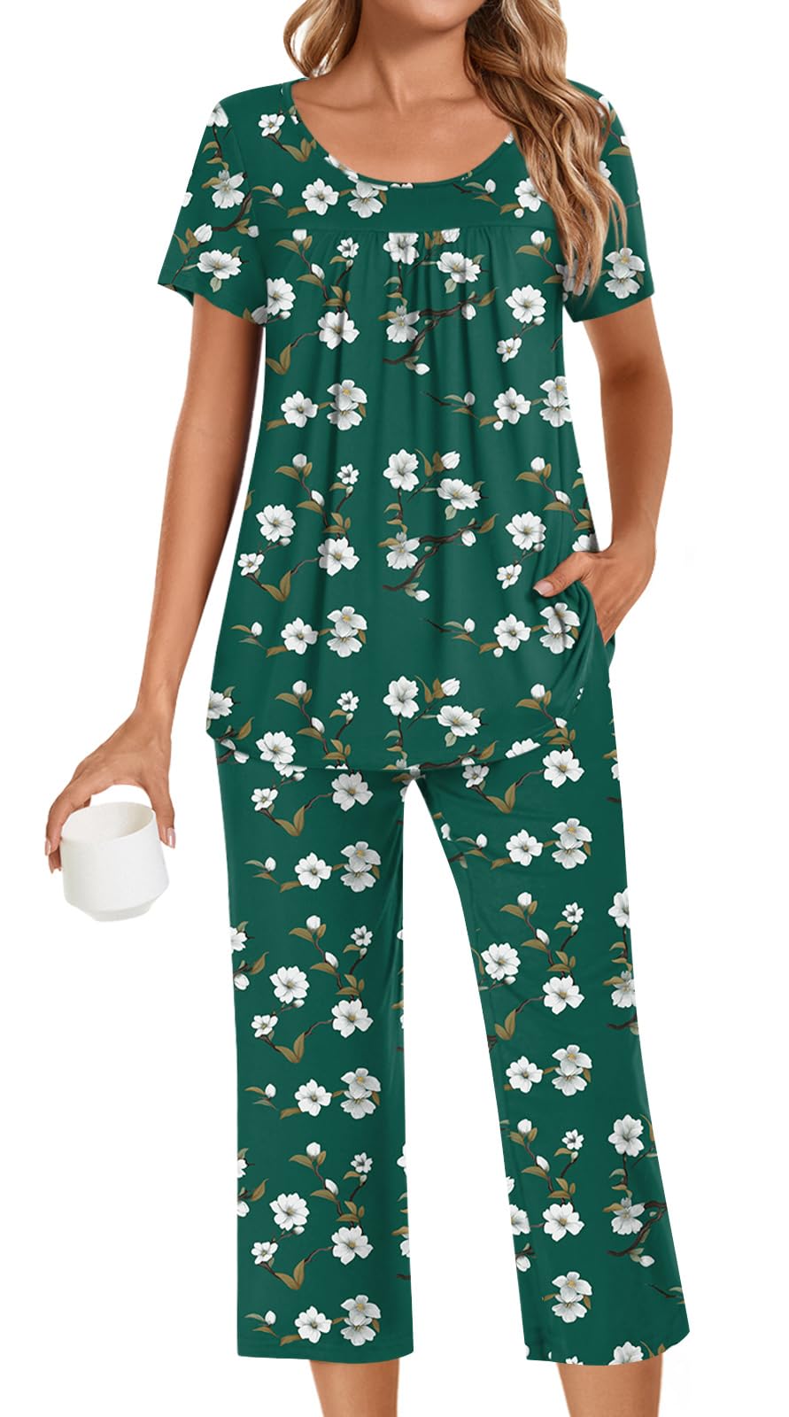 POPYOUNG Womens Pajama Sets Summer Ladies Pjs 2 Piece Loungewear Capri with Pockets Sleepwear