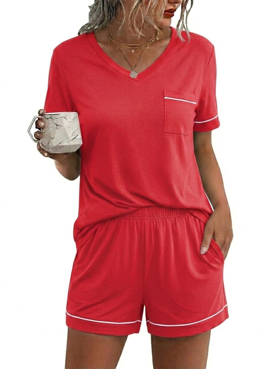 Ekouaer Pajamas for Women Set 2 Piece Short Sleeve Sleepwear Summer Tops and Shorts Pjs Lounge Set S-XXL