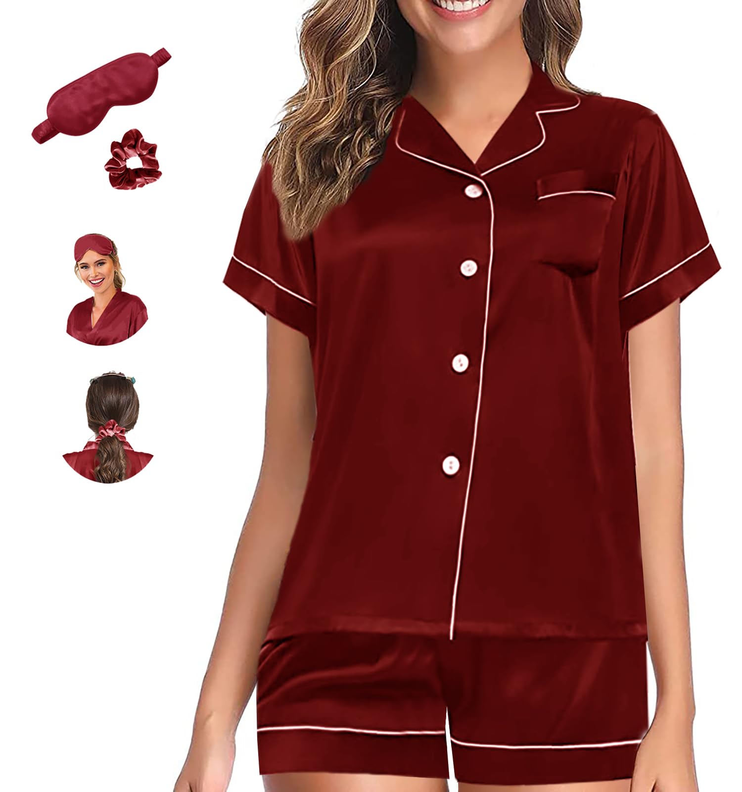WJing Yi Jia Womens Pajama Sets XS-4XL Silk Satin Pajamas Set Floral 2Pcs Pj Sets Button Down Pjs Set Sleepwear Loungewear