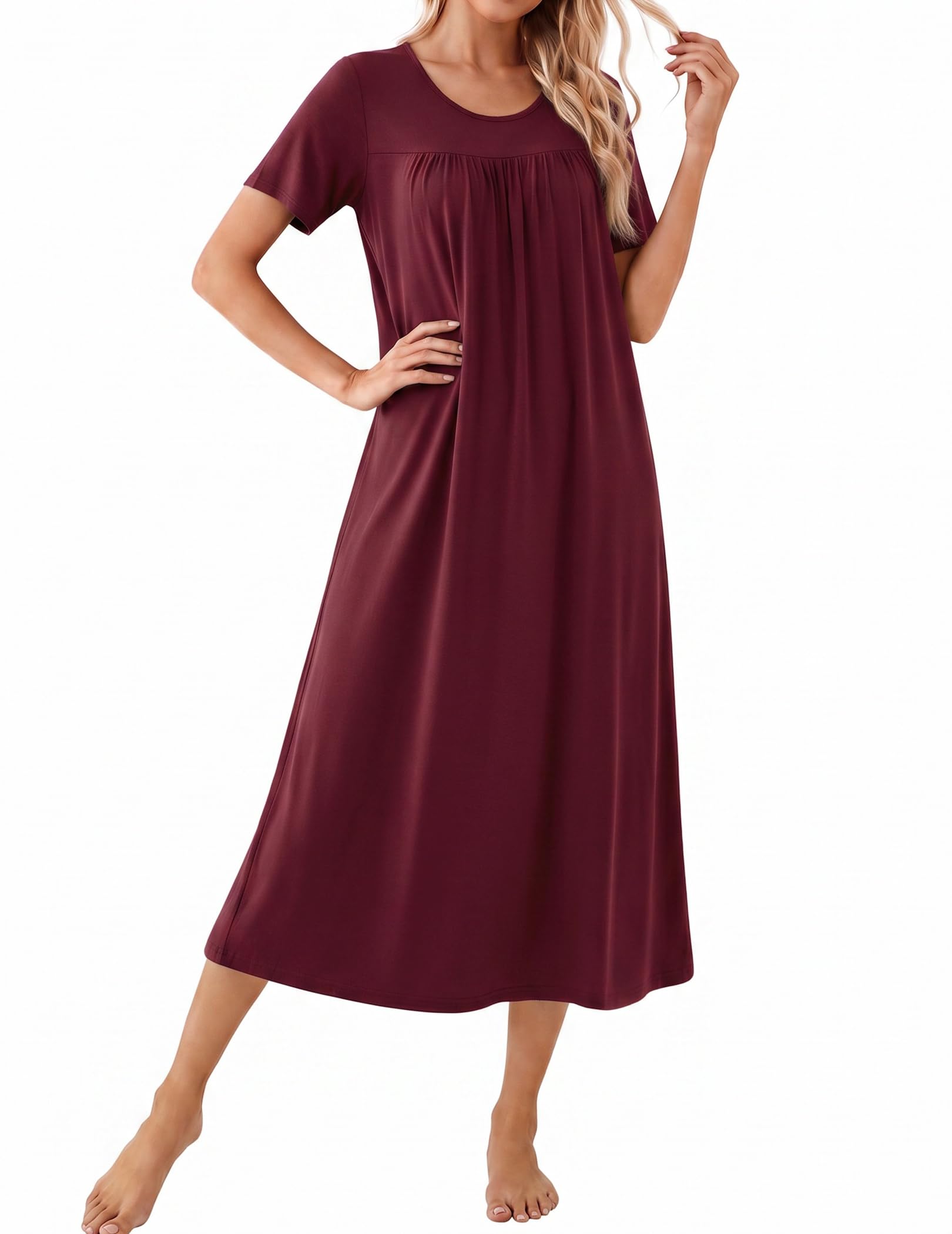 Ekouaer Long Nightgowns for Women Bamboo Viscose Short Sleeve Soft House Dress WEBE CLOTHING