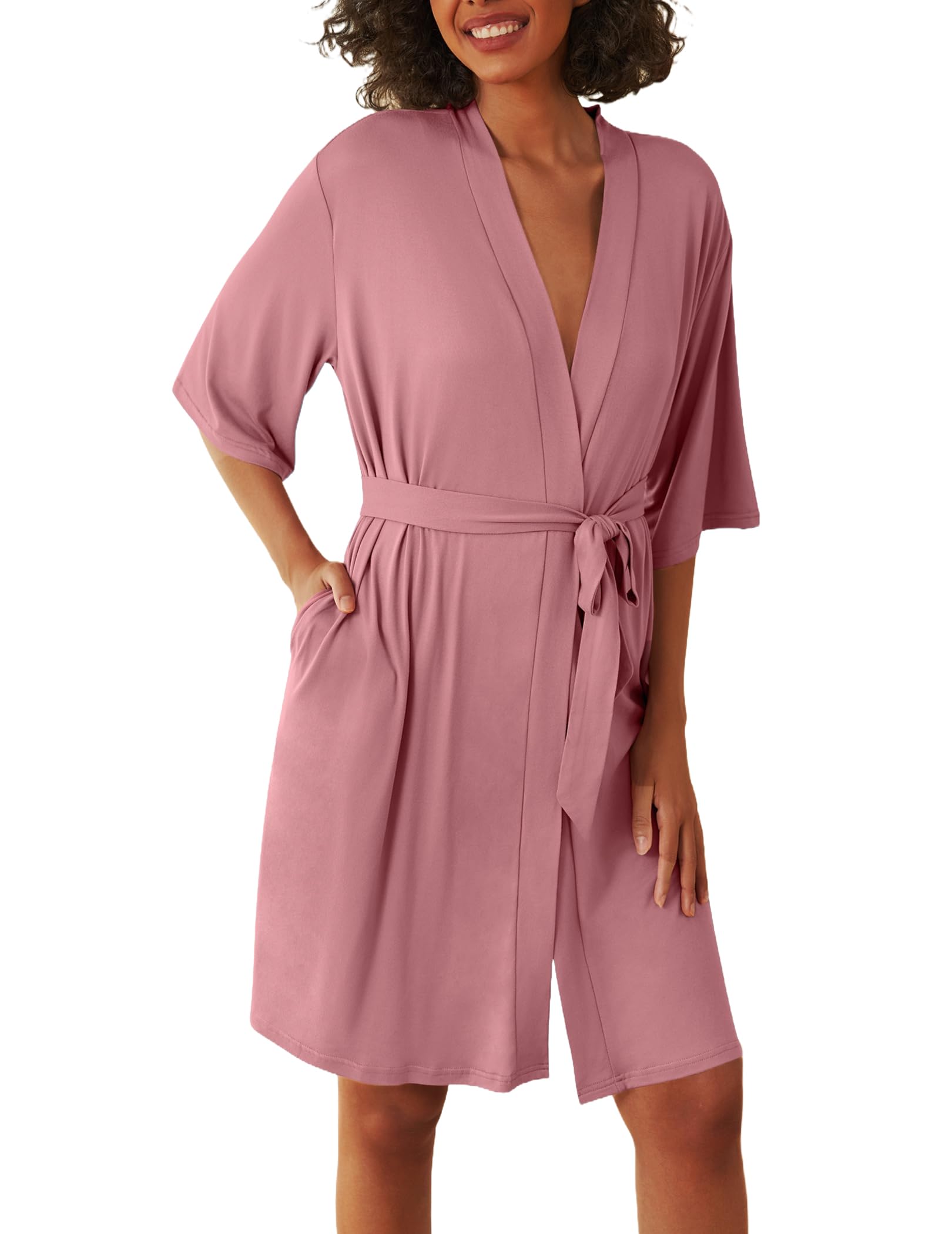 Ekouaer Short Robes for Women Lightweight Kimono Robes Knit Bathrobe Soft Sleepwear with Pockets S-XXL WEBE CLOTHING