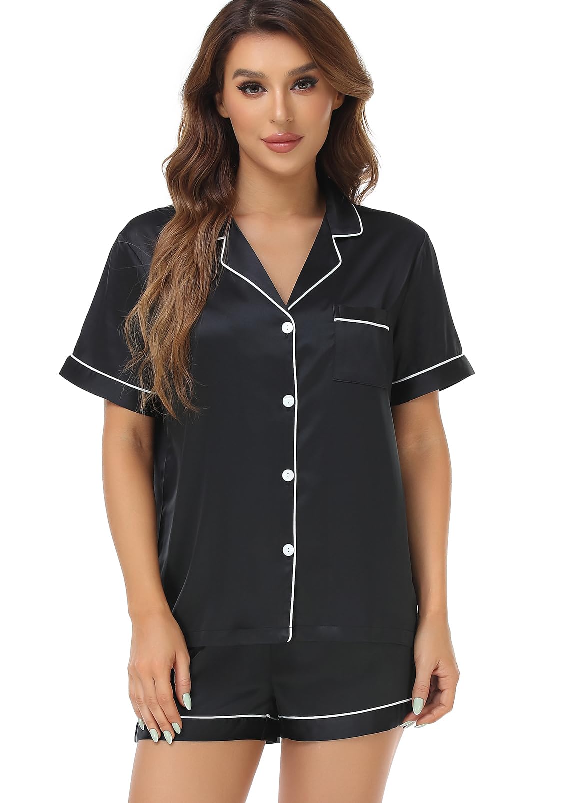Serenedelicacy Women's Satin Pajama Set 2-Piece Sleepwear Loungewear Button Down Short Sleeve Silky PJ Set WEBE CLOTHING