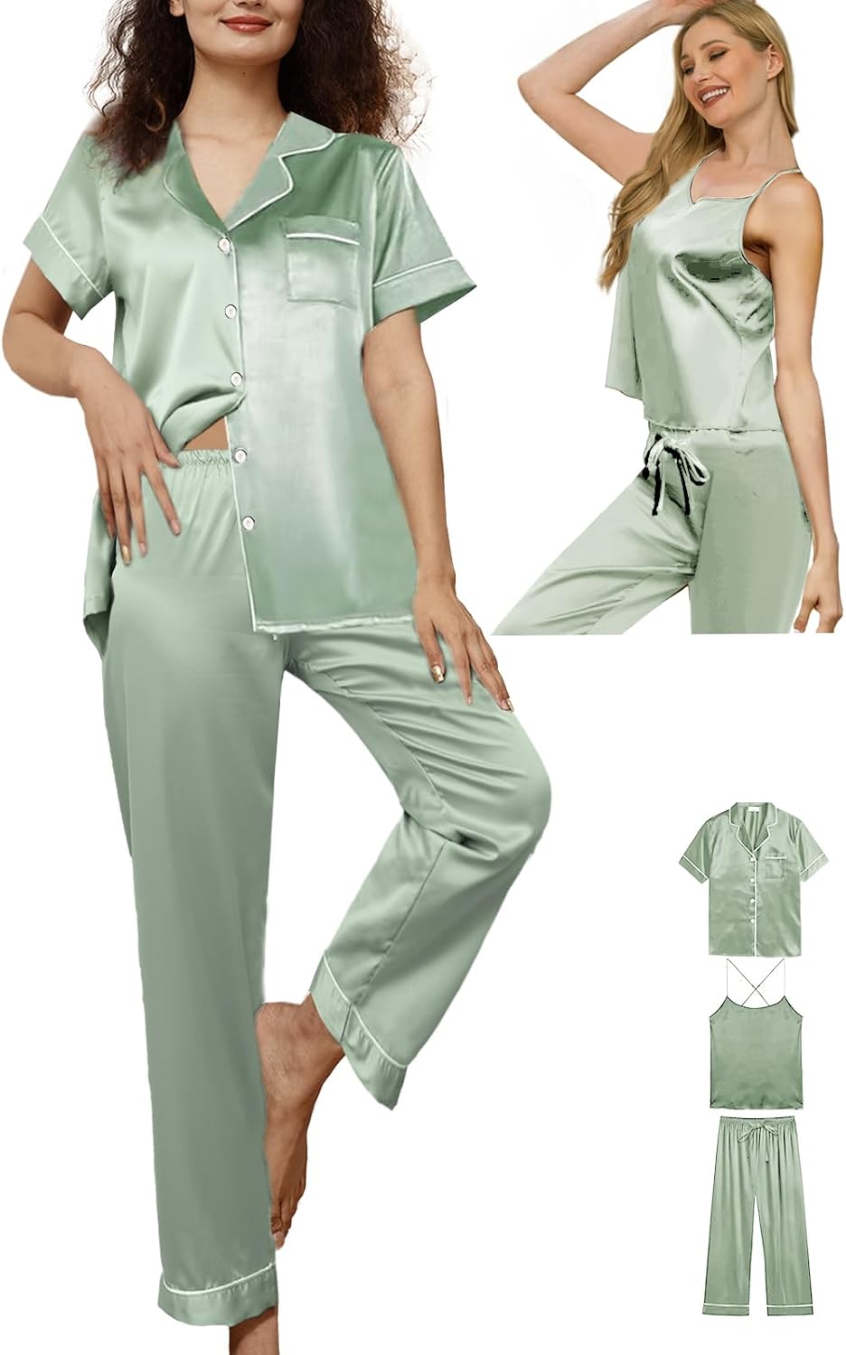 3Pcs Womens Satin Pajamas Set Silk Pj Sets Sexy Camisole Tops And Pants Silky Pajama XS-4XL Pjs Sleepwear WEBE CLOTHING