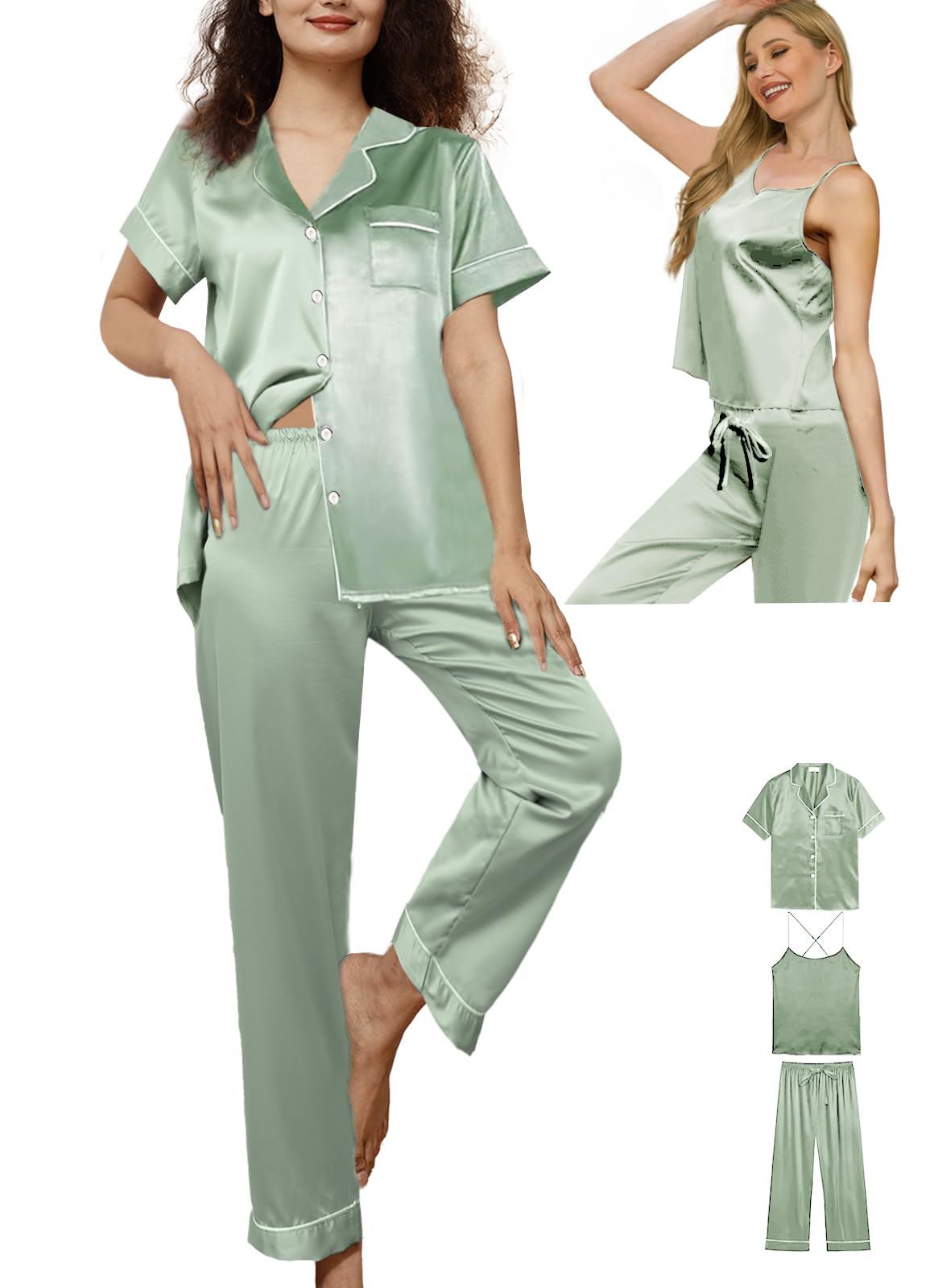 3Pcs Womens Satin Pajamas Set Silk Pj Sets Sexy Camisole Tops And Pants Silky Pajama XS-4XL Pjs Sleepwear WEBE CLOTHING