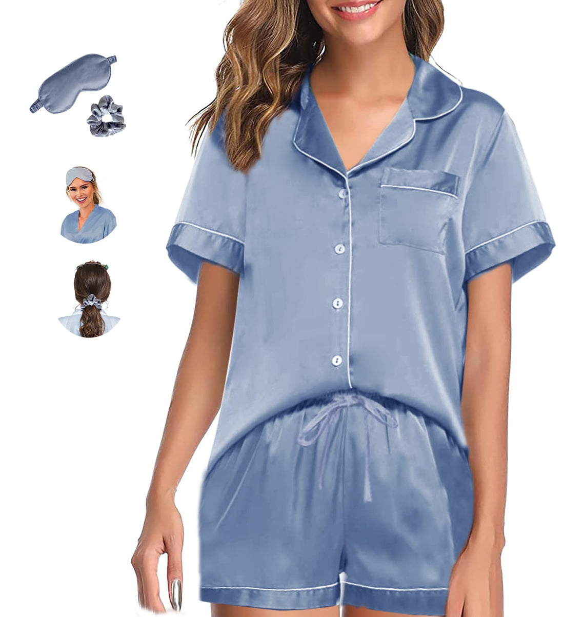 WJing Yi Jia Womens Pajama Sets XS-4XL Silk Satin Pajamas Set Floral 2Pcs Pj Sets Button Down Pjs Set Sleepwear Loungewear