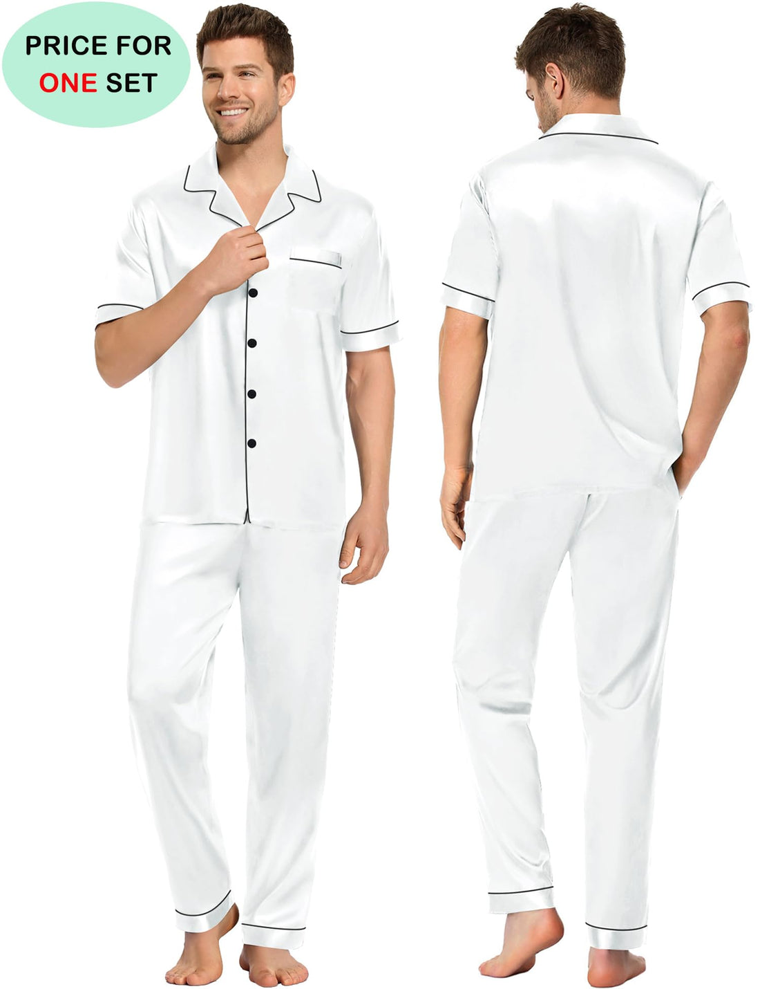 SWOMOG Couples Pajamas Sets Women & Men Satin Short Sleeve Sleepwear Button Down Loungewear Pjs Set with Long Pants