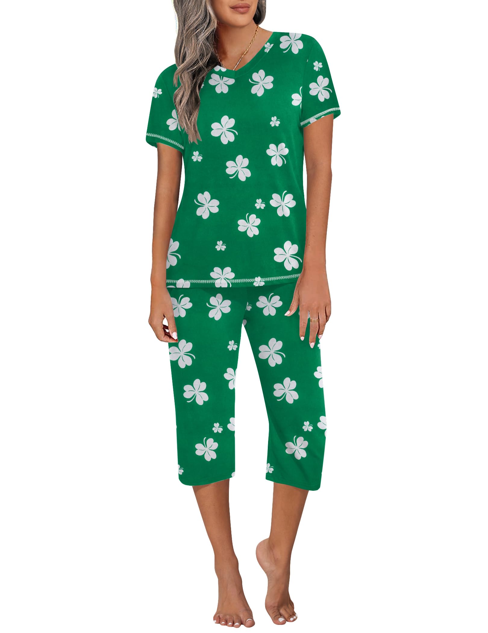 Ekouaer Women's Sleepwear Capri Pajama Sets Short Sleeve Two-Piece Pjs V Neck Tops & Capri Pants with Pockets S-3XL