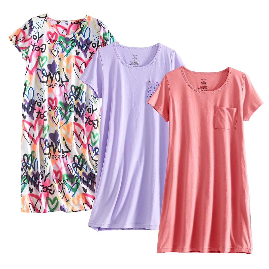 PNAEONG 3 Pack Women's Cotton Nightgown Sleepwear Short Sleeves Shirt Casual Print Sleepdress