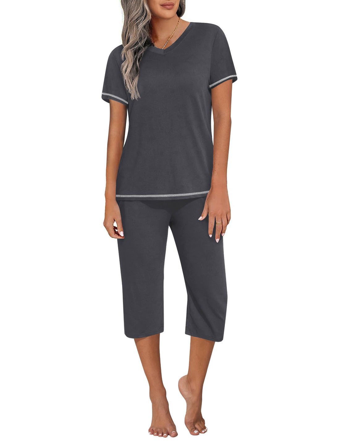 Ekouaer Women's Sleepwear Capri Pajama Sets Short Sleeve Two-Piece Pjs V Neck Tops & Capri Pants with Pockets S-3XL