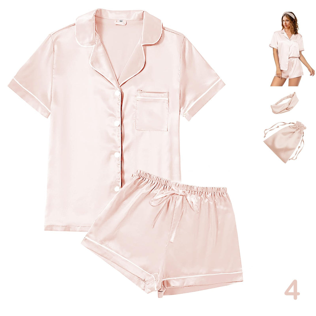 WJing Yi Jia 4Pcs Womens Satin Silky Pajama Sets Short Sleeve Shirt XS-4XL Floral Pajamas Set Soft PJ Loungewear Sleepwear