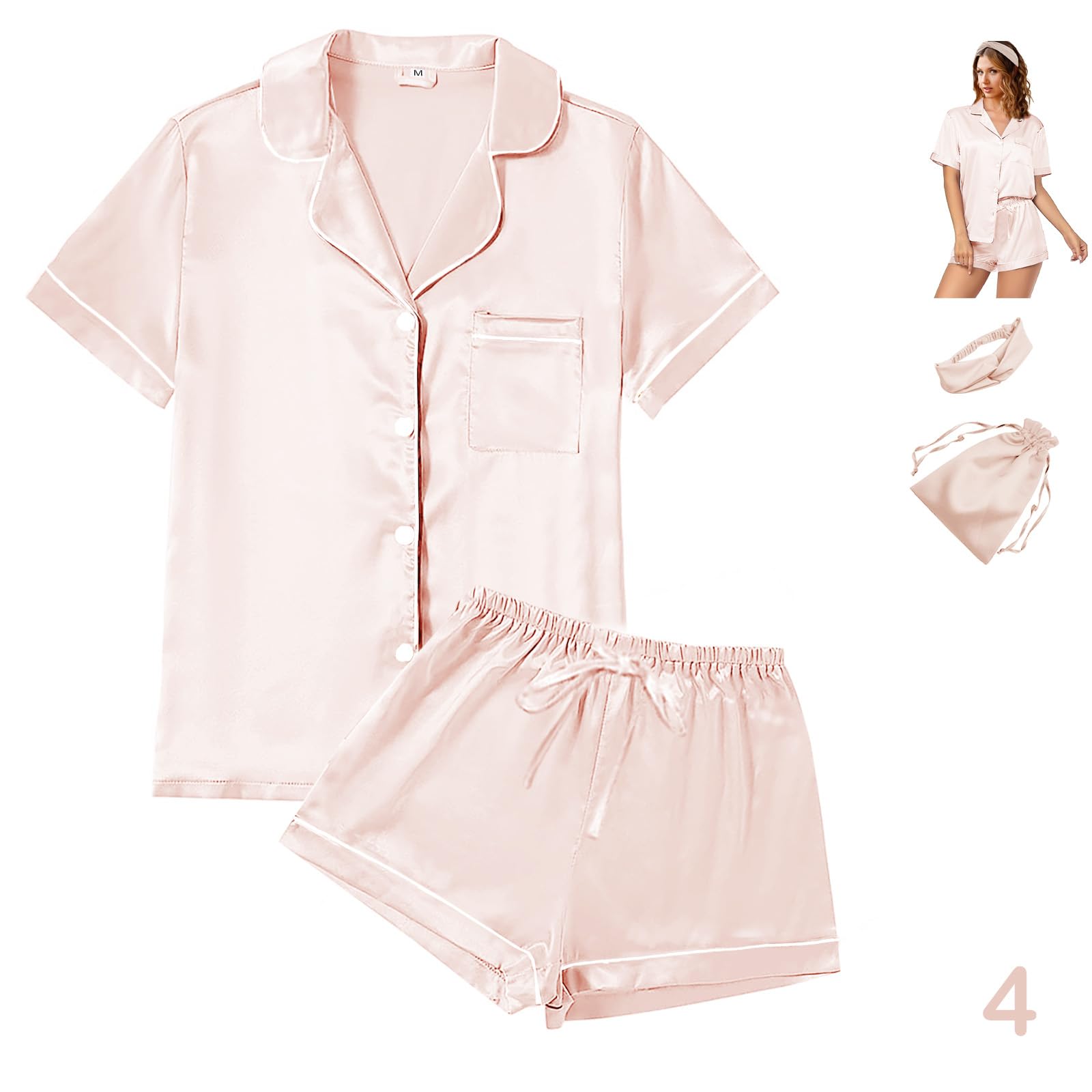 WJing Yi Jia 4Pcs Womens Satin Silky Pajama Sets Short Sleeve Shirt XS-4XL Floral Pajamas Set Soft PJ Loungewear Sleepwear