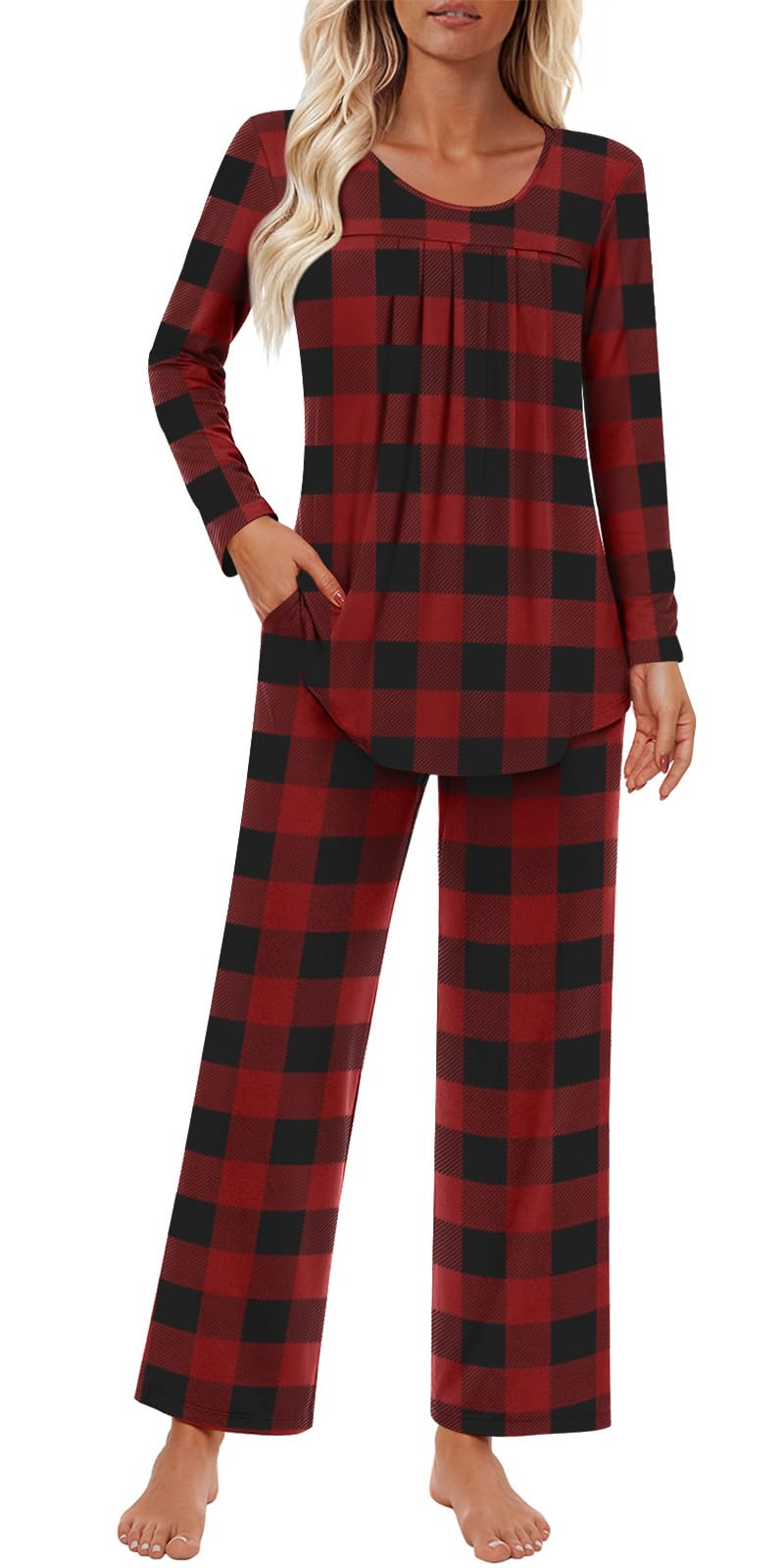 Findsweet Women's Pajama Set 2 Piece Lounge Outfits Soft Sleepwear Fall Long Sleeve Long Pant With Pockets Ladies Pjs S-3XL