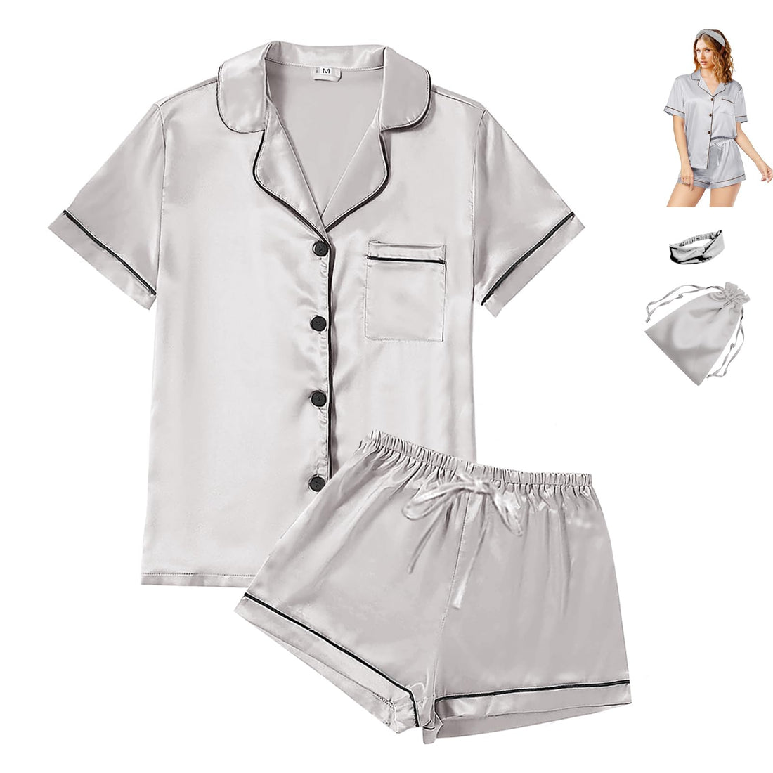 WJing Yi Jia 4Pcs Womens Satin Silky Pajama Sets Short Sleeve Shirt XS-4XL Floral Pajamas Set Soft PJ Loungewear Sleepwear