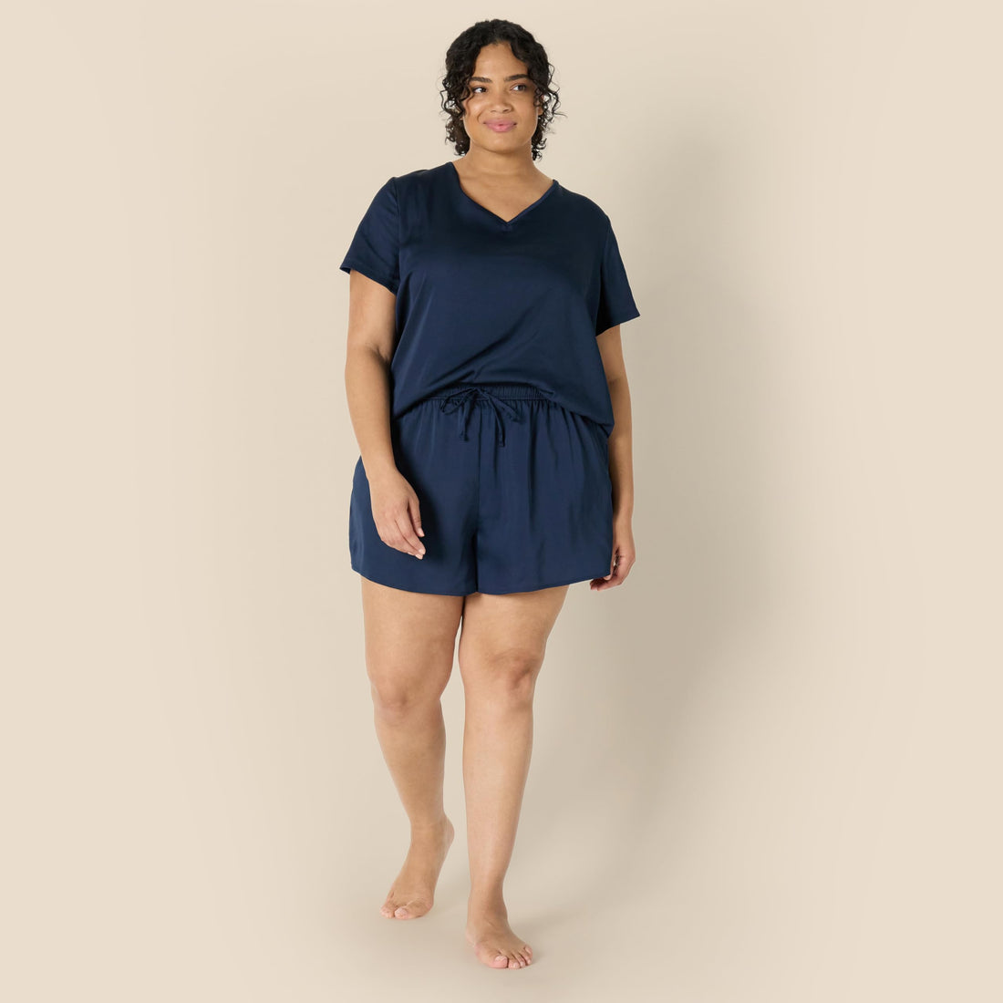 Amazon Essentials Women's Relaxed Fit Satin Short Sleeve V-Neck T-Shirt and Short Sleepwear Set